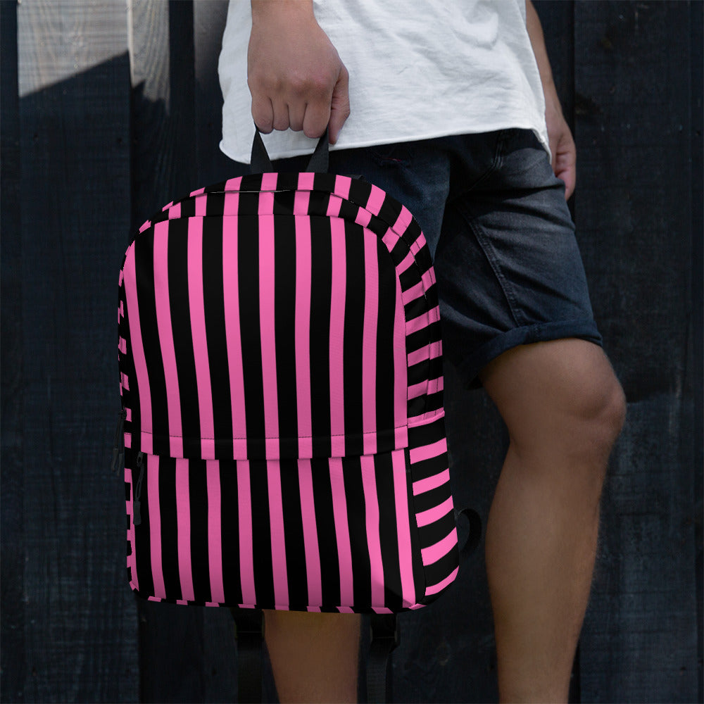 Pink & Black Vertical Striped Fashionable Women's Backpack