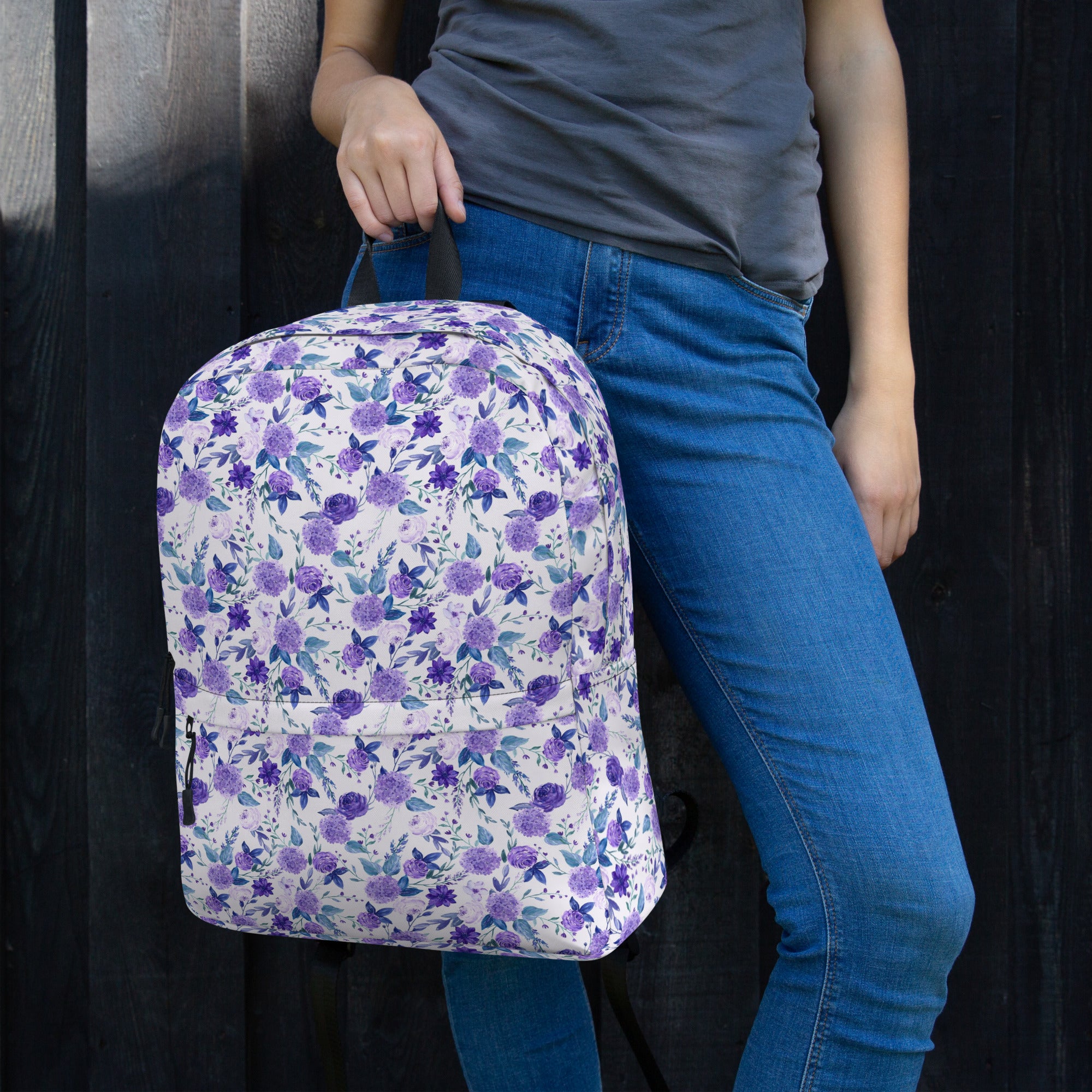 Preppy Purple Floral White Backpack for Women