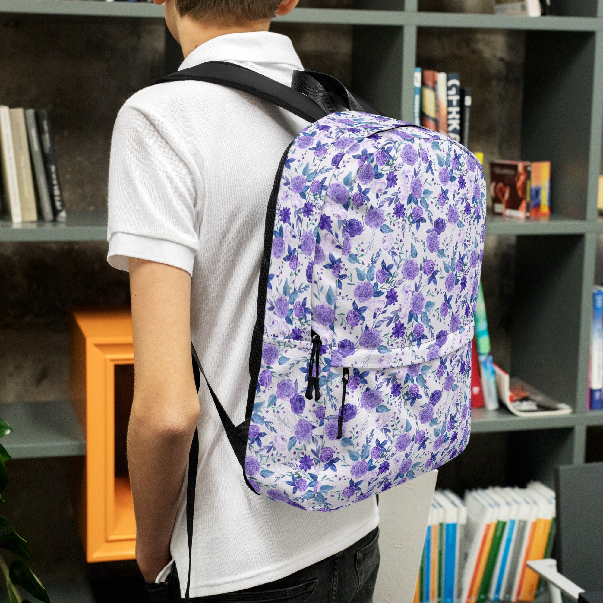 Preppy Purple Floral White Backpack for Women