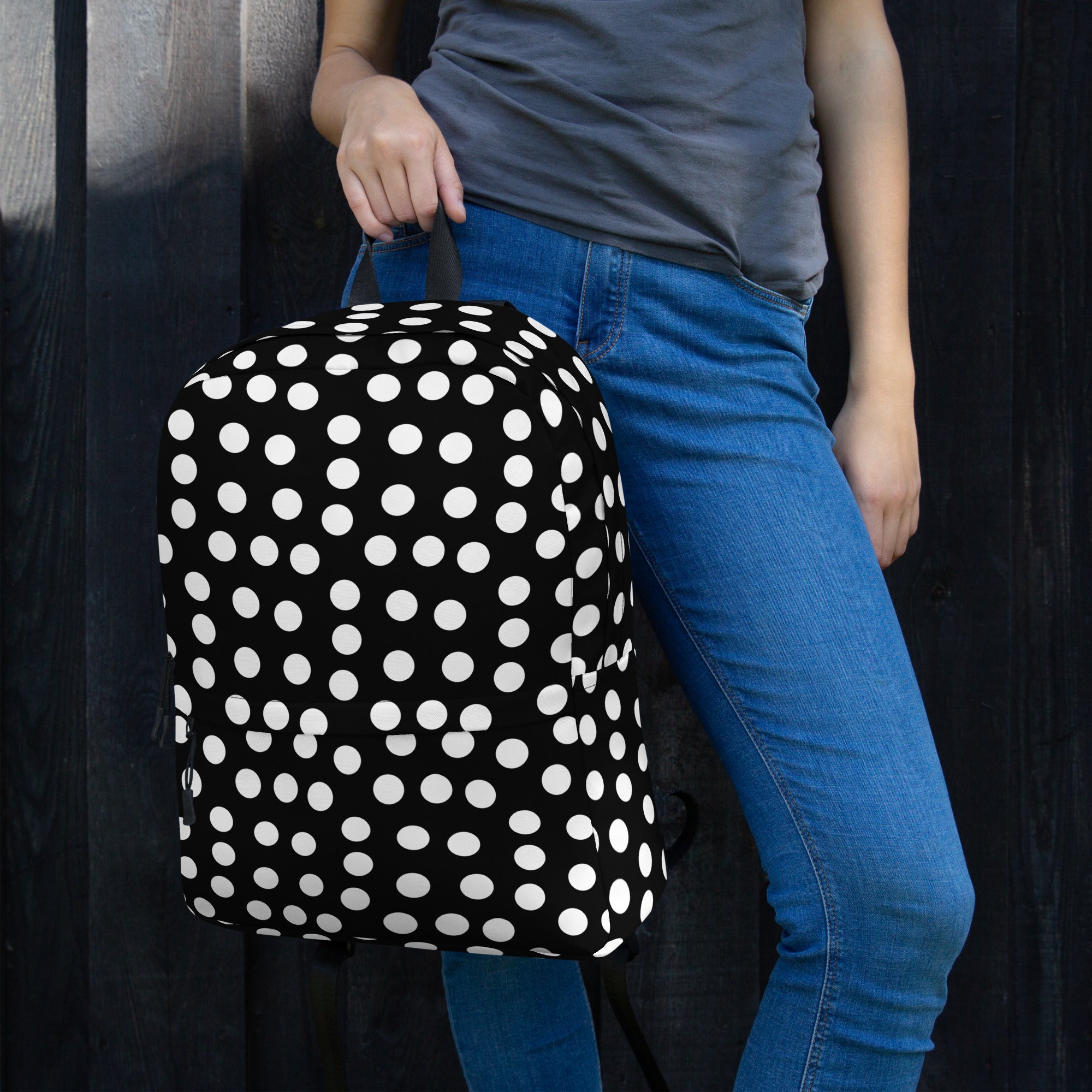 Vintage Preppy Style Black Backpack with White Polka dots