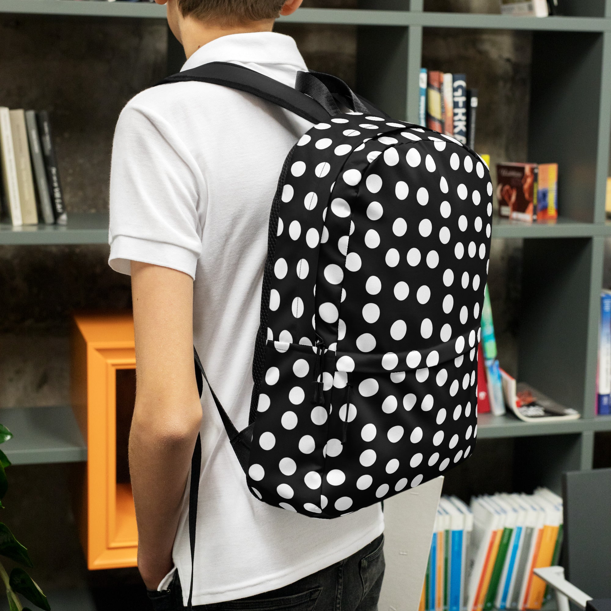 Vintage Preppy Style Black Backpack with White Polka dots