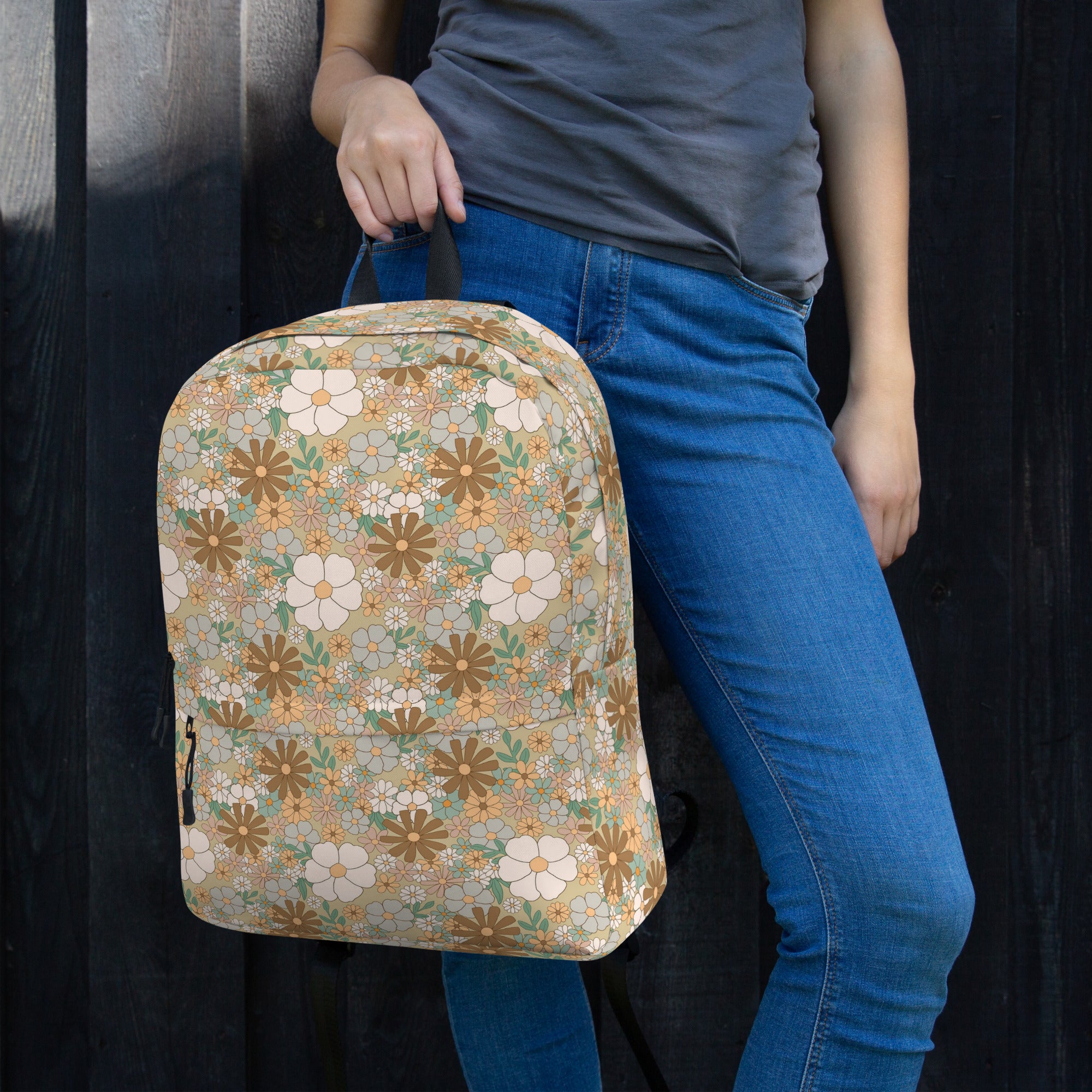 Aesthetic Groovy Brown Fall Flower Pattern Backpack