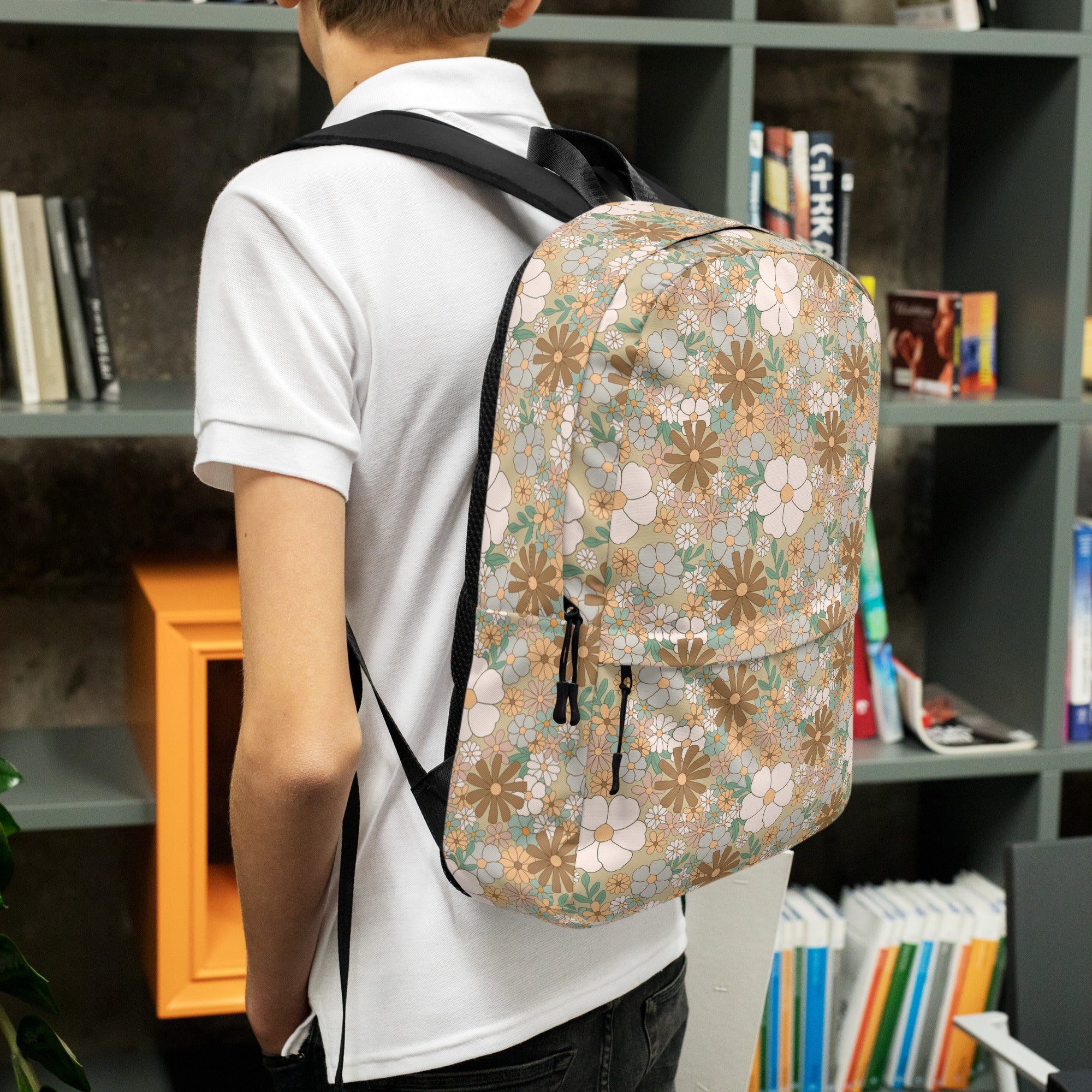 Aesthetic Groovy Brown Fall Flower Pattern Backpack