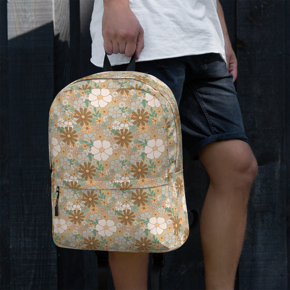Aesthetic Groovy Brown Fall Flower Pattern Backpack
