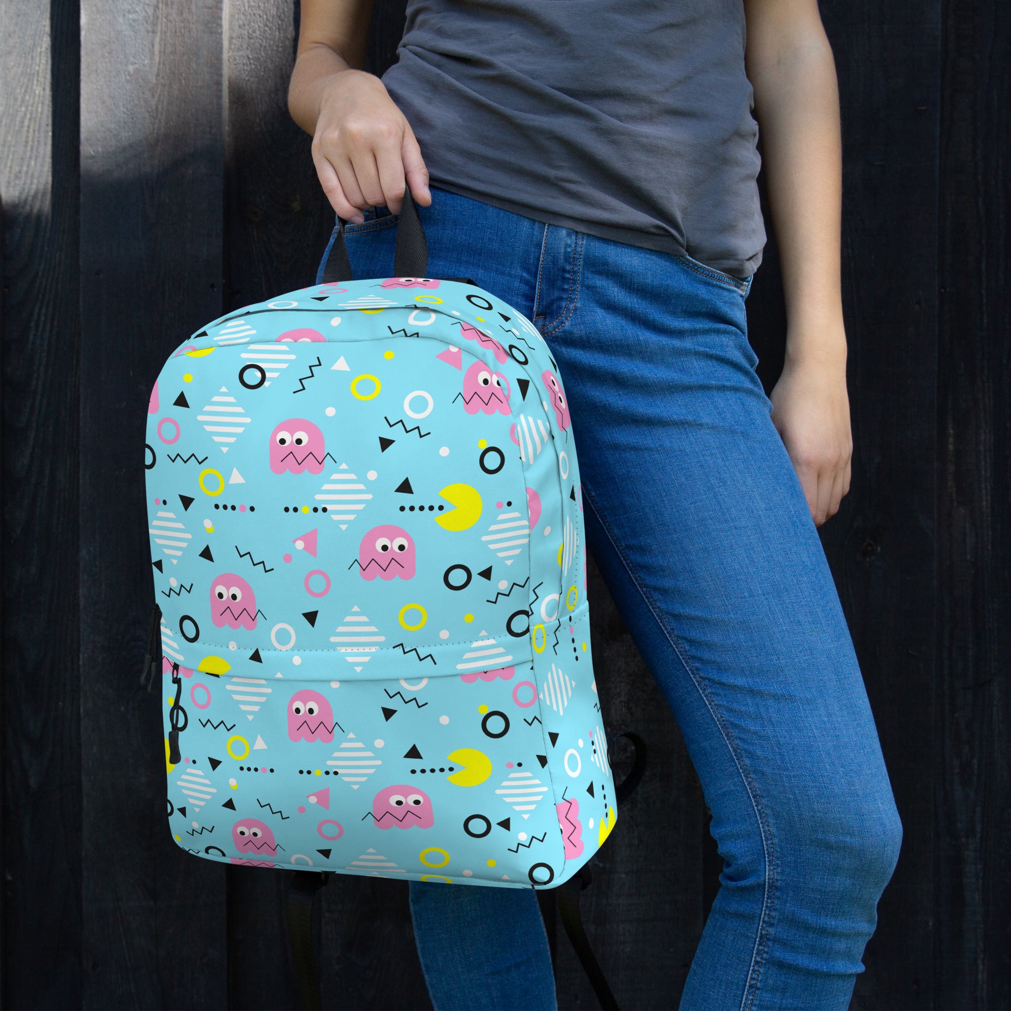 Preppy Vintage Blue Pacman & Ghosts Inspired Print Backpack