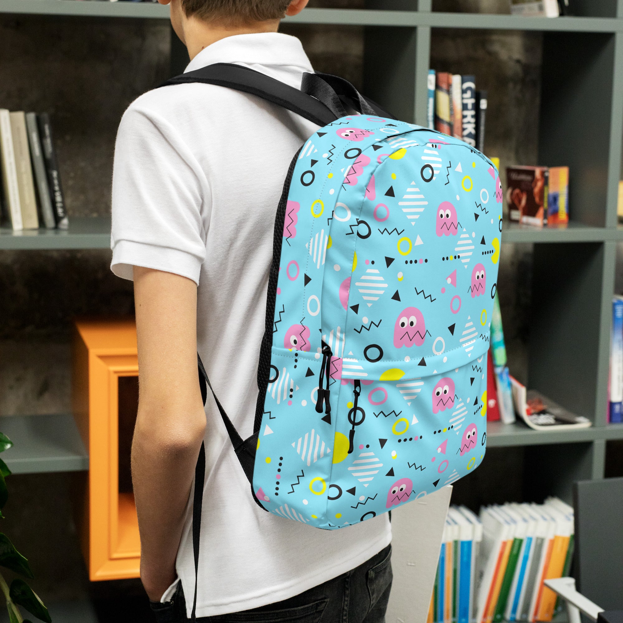 Preppy Vintage Blue Pacman & Ghosts Inspired Print Backpack