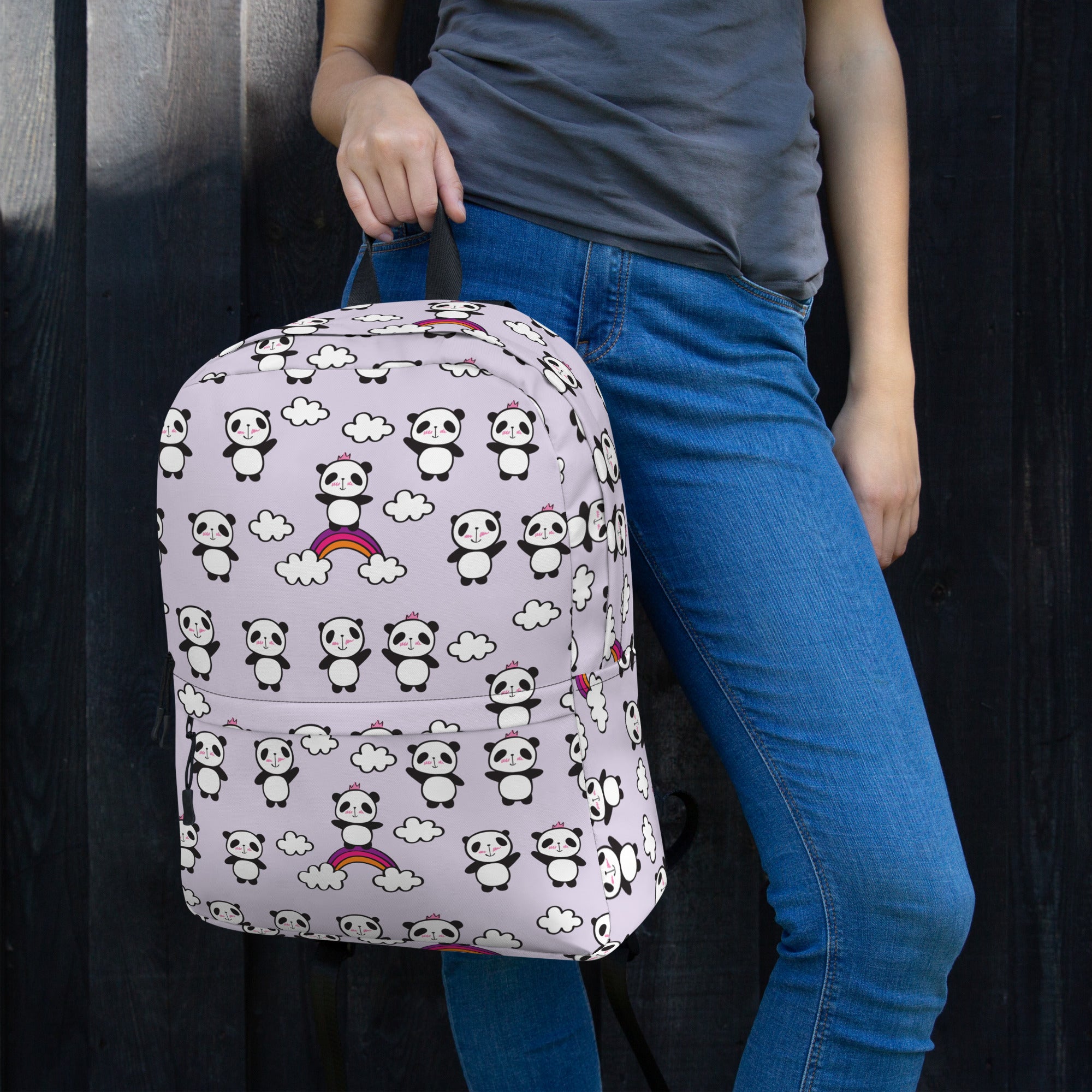Preppy Purple Cute Little Pandas Print Medium Size Backpack Bag