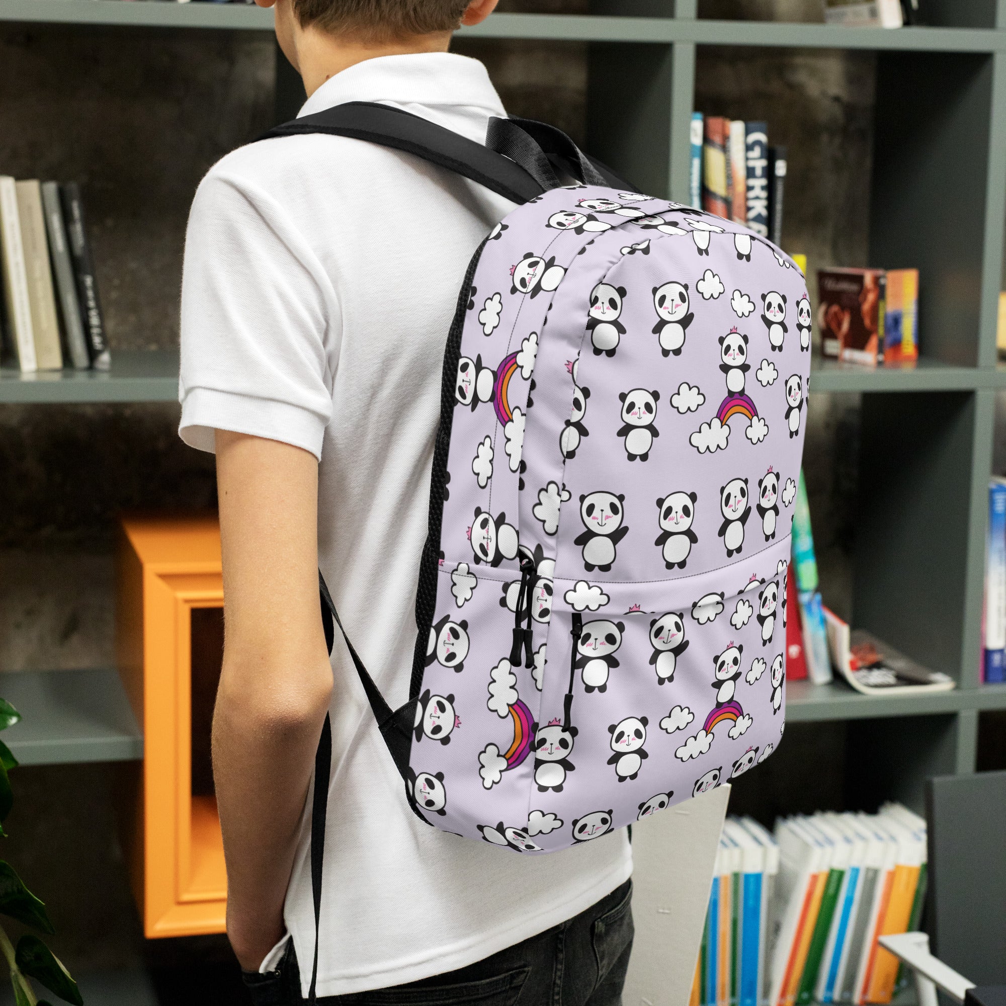 Preppy Purple Cute Little Pandas Print Medium Size Backpack Bag