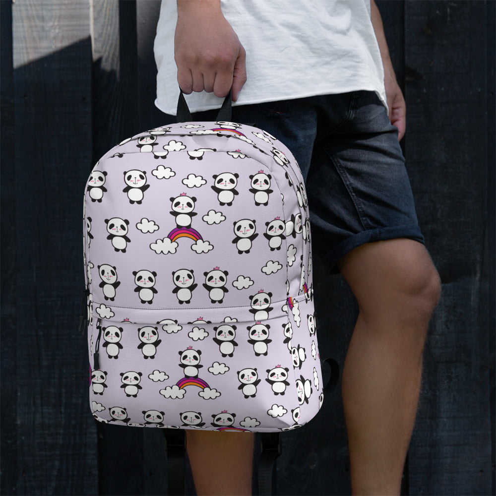Preppy Purple Cute Little Pandas Print Medium Size Backpack Bag