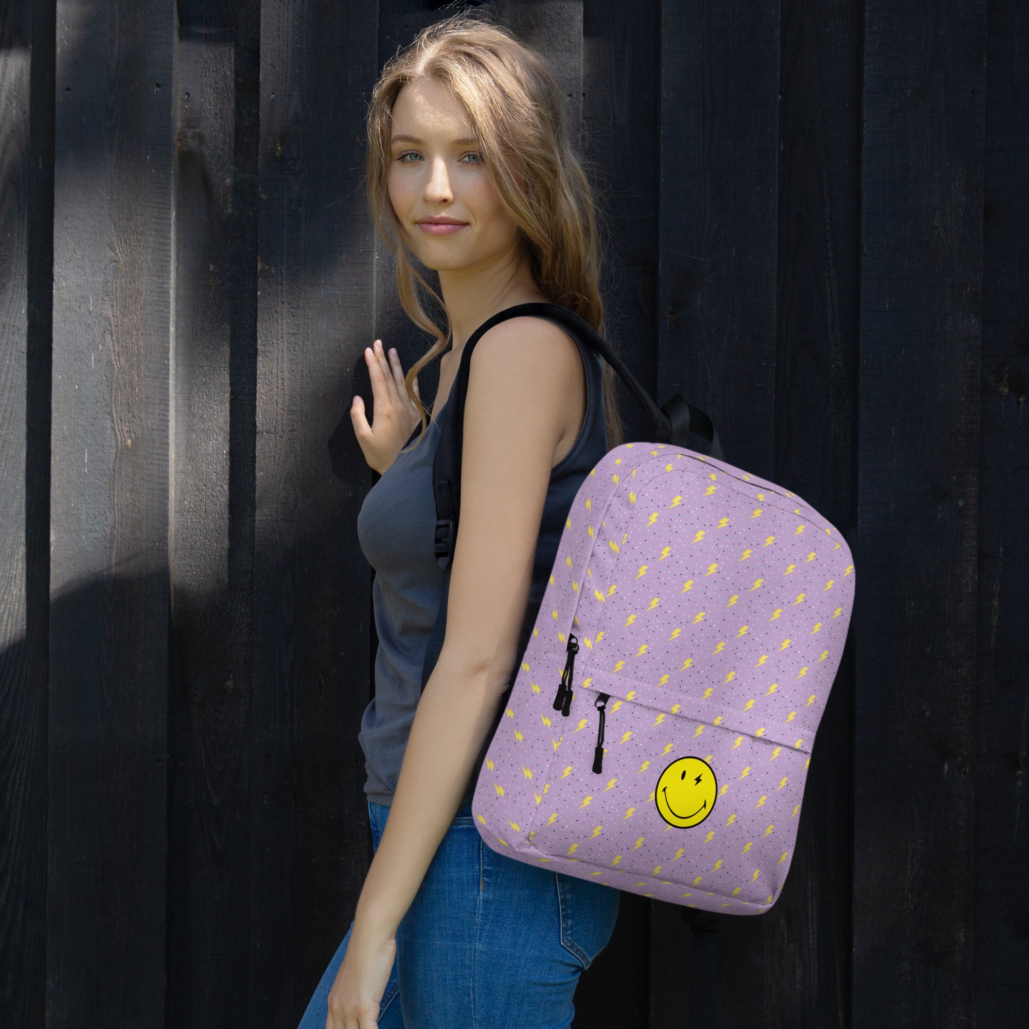 Preppy Smiley Face Lightning Bolts Purple Backpack