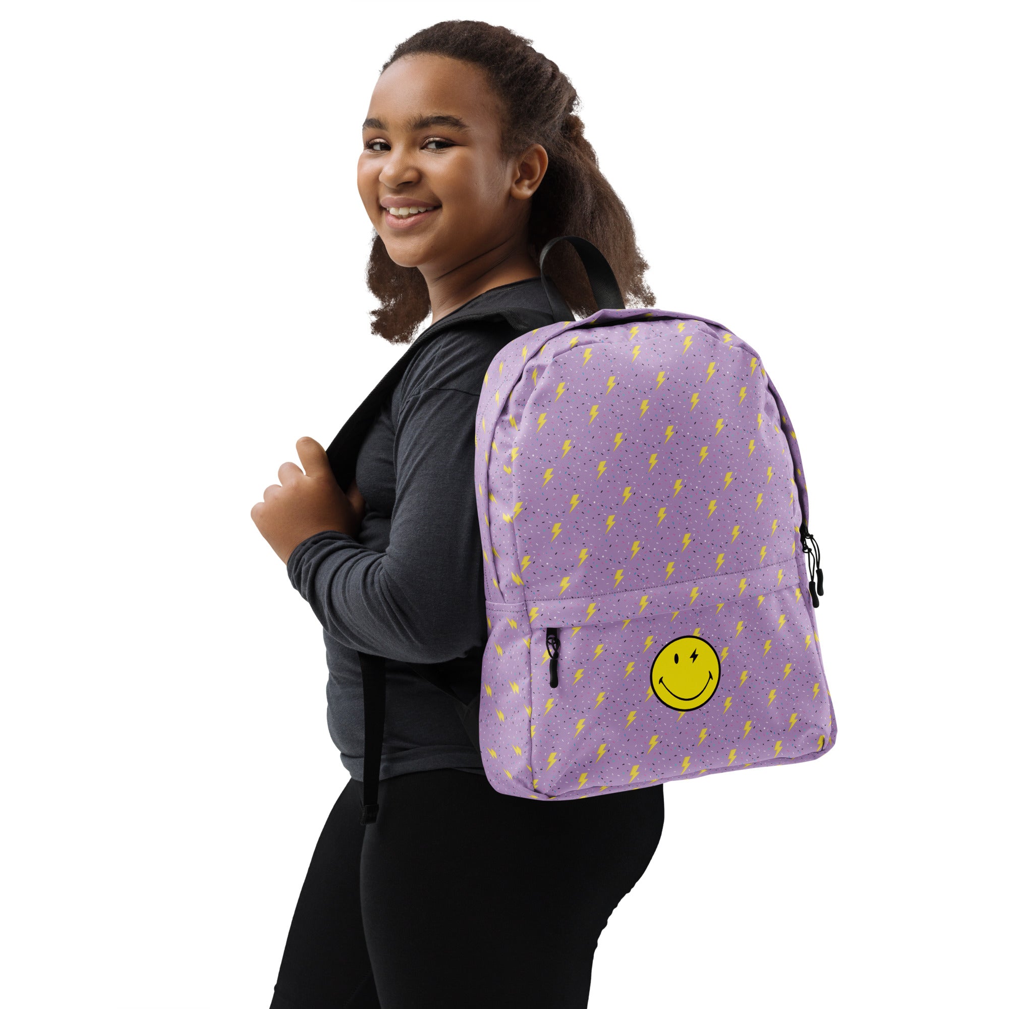 Preppy Smiley Face Lightning Bolts Purple Backpack