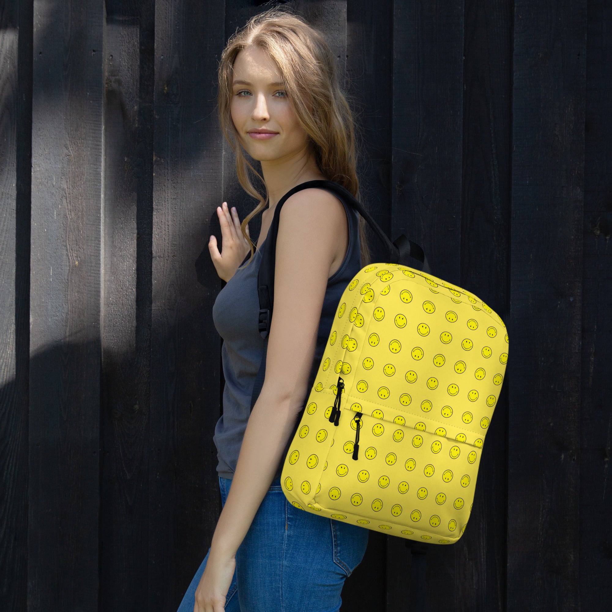 Preppy Cool Smiley Face Yellow Backpack for School