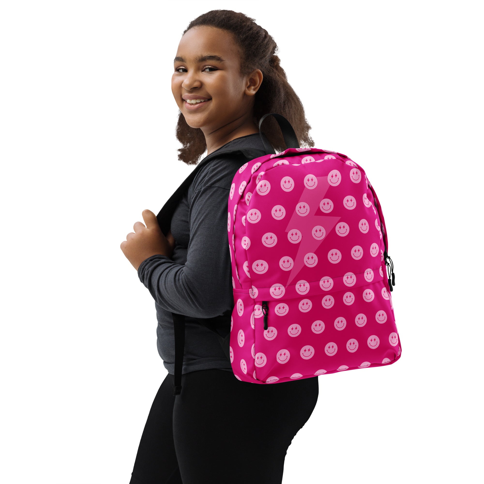 Preppy Pink Smiley Face Lightning Bolt Backpack