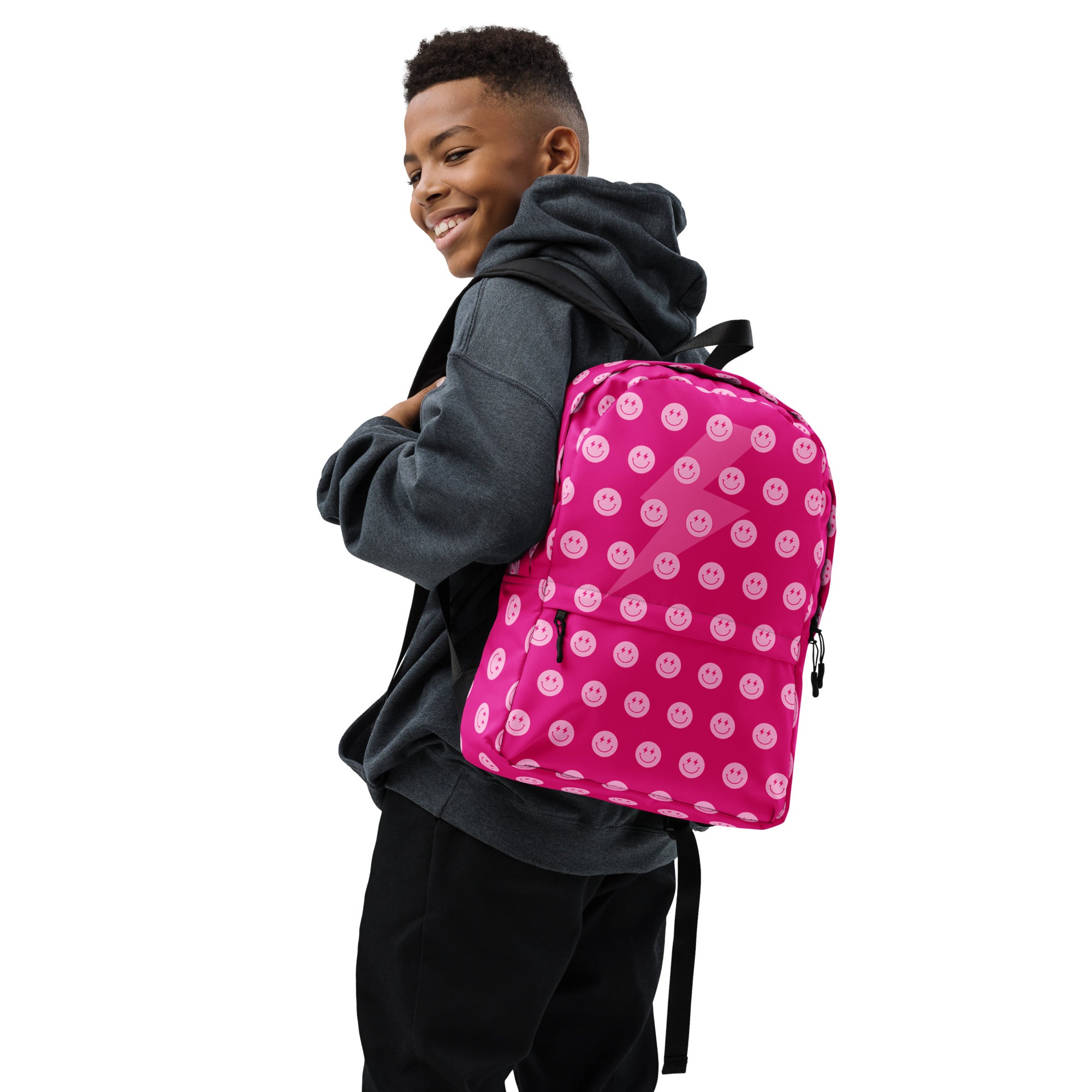 Preppy Pink Smiley Face Lightning Bolt Backpack