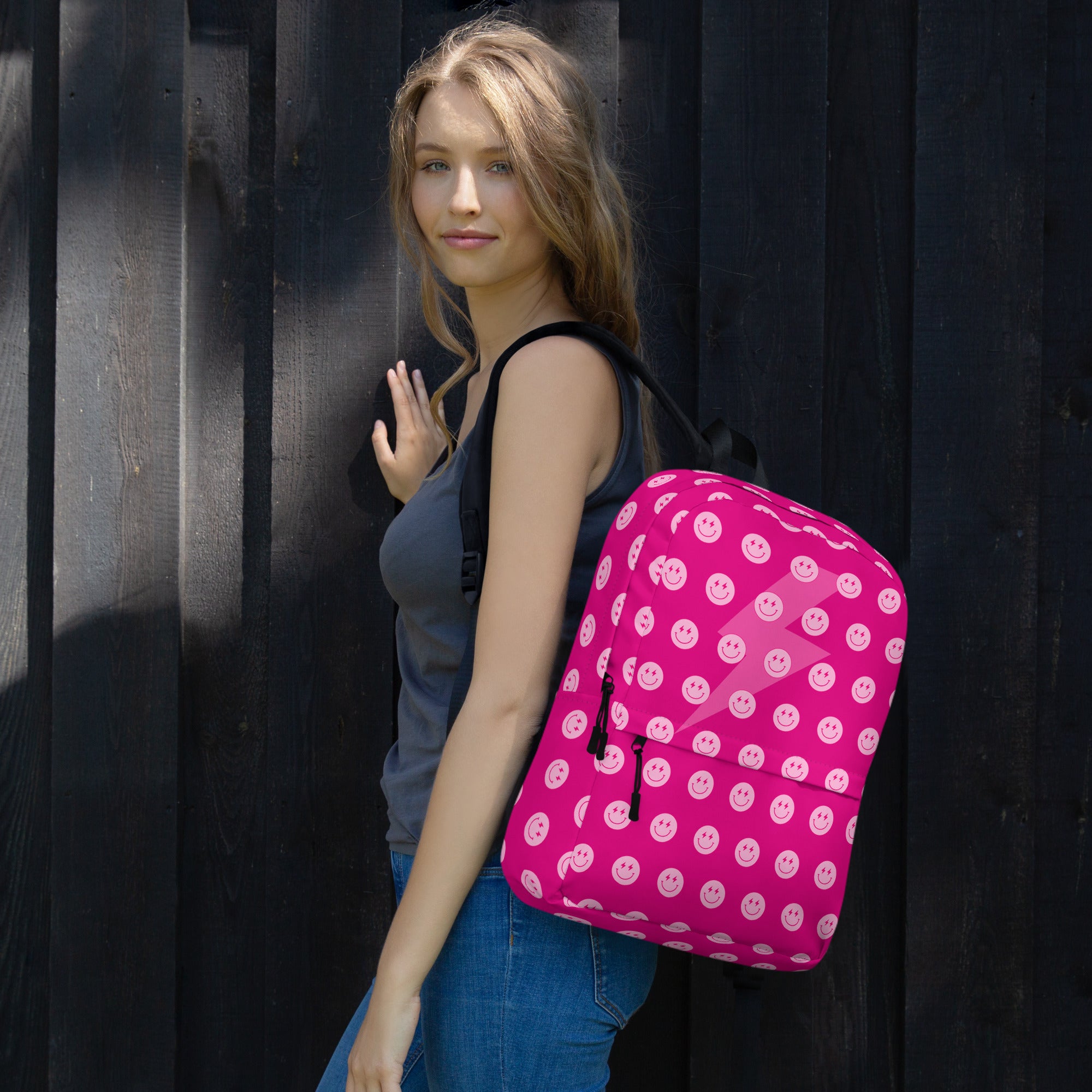 Preppy Pink Smiley Face Lightning Bolt Backpack