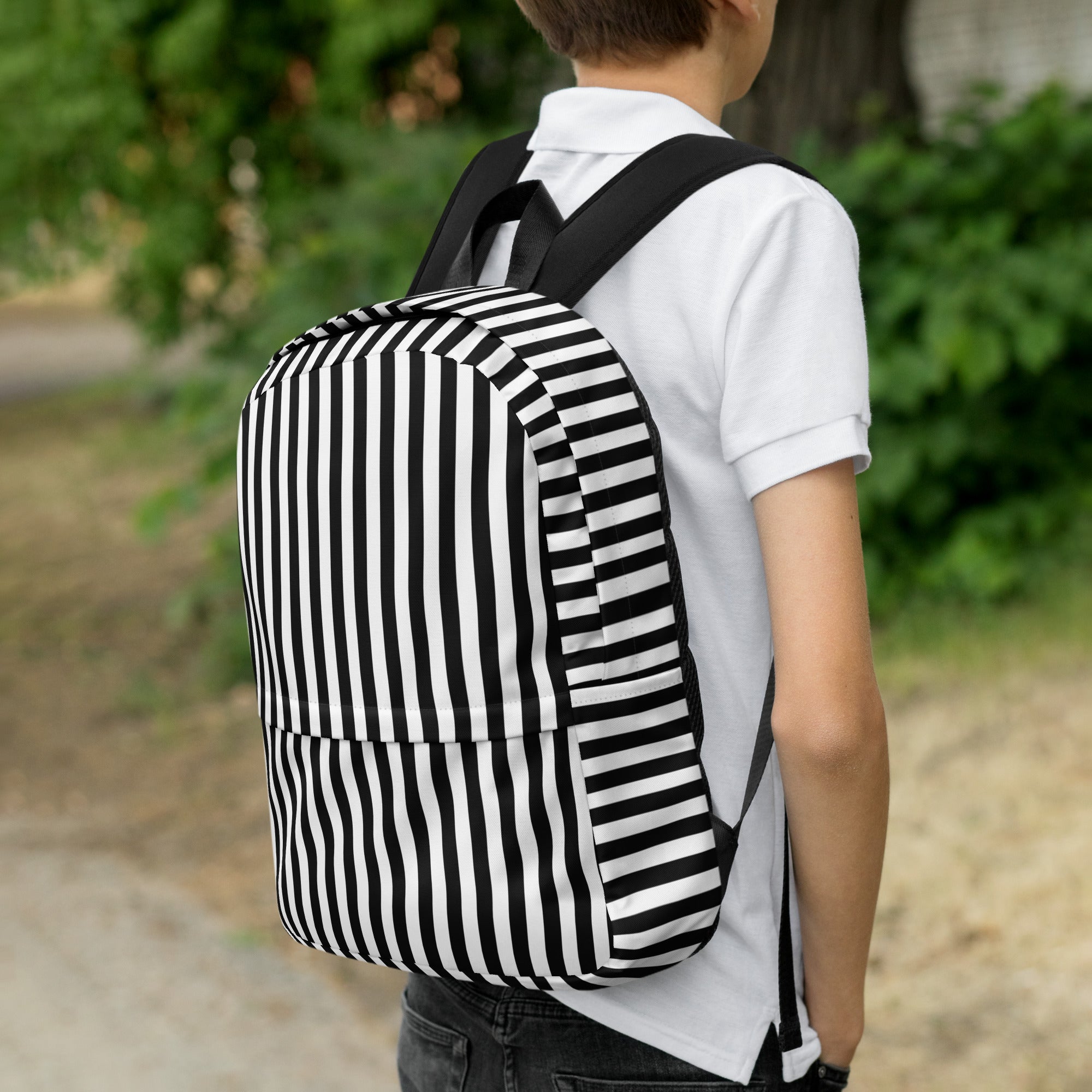 Preppy Black and White Vertical Striped Lines Printed Backpack