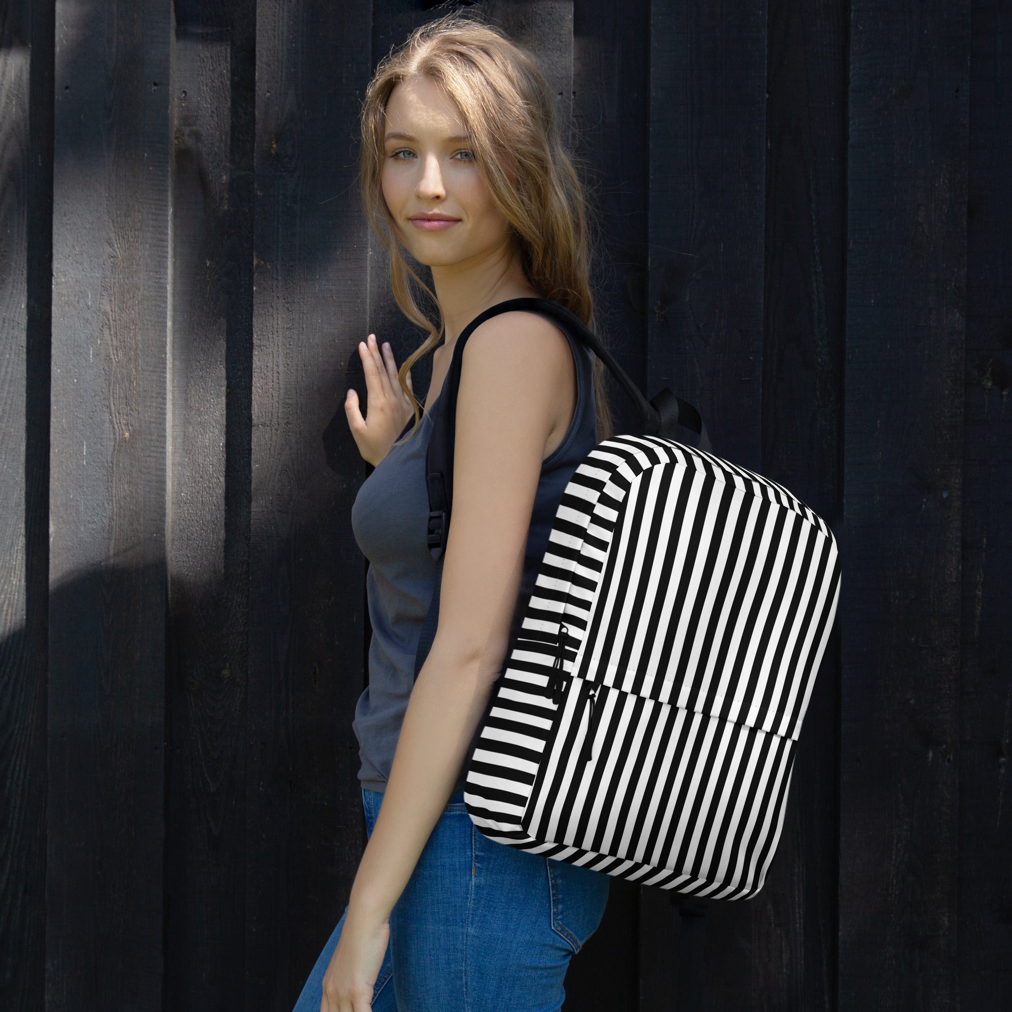 Preppy Black and White Vertical Striped Lines Printed Backpack