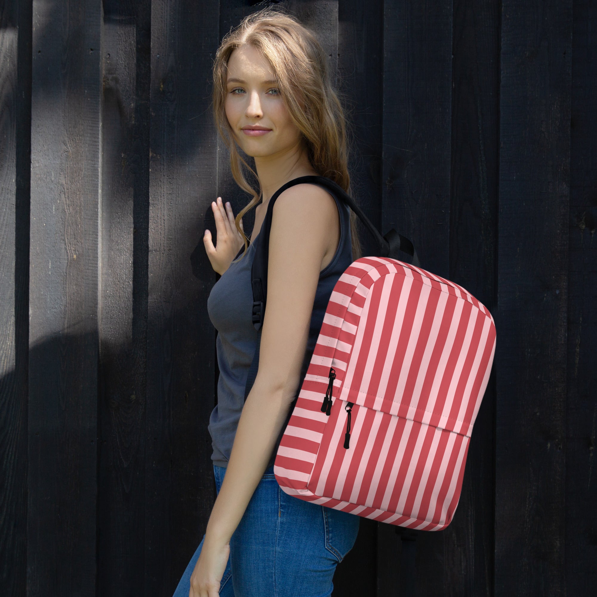 Preppy Pink Red Stripe Cute Aesthetic Backpack