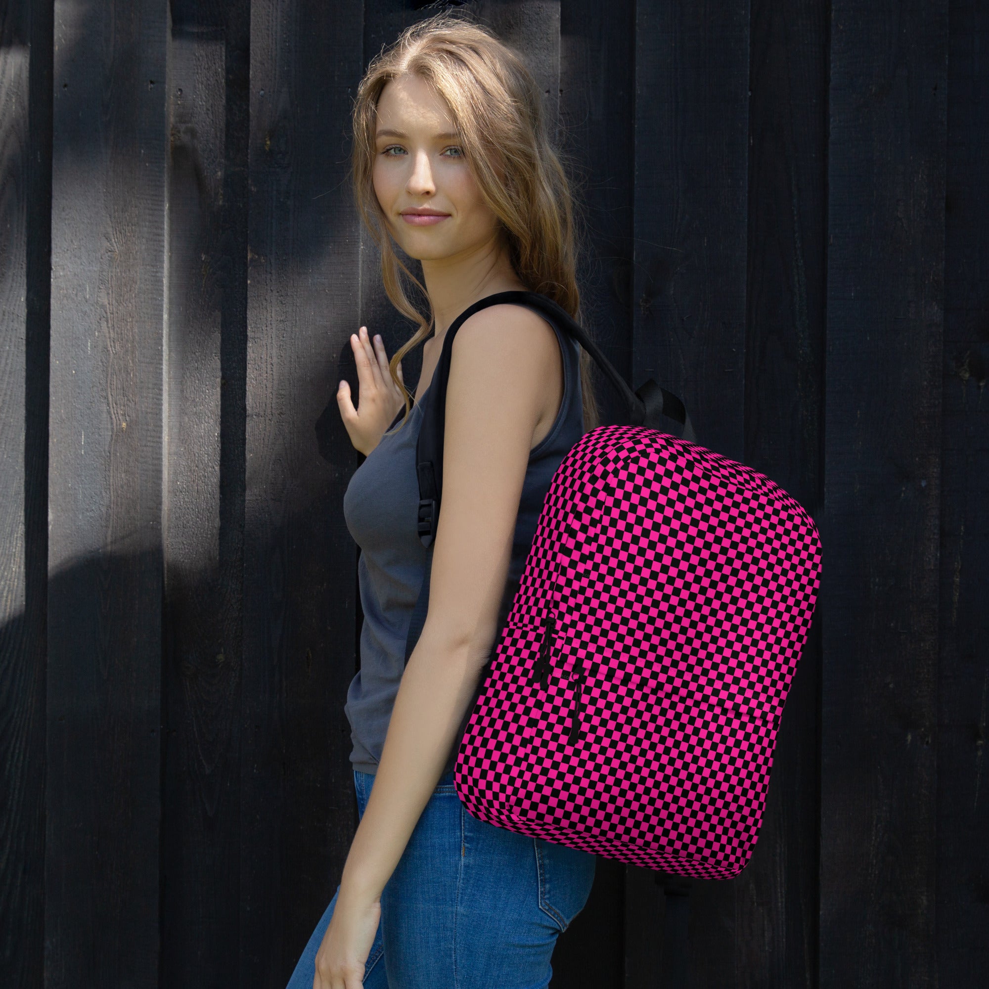 Preppy Pink Aesthetic Checkered Print Backpack
