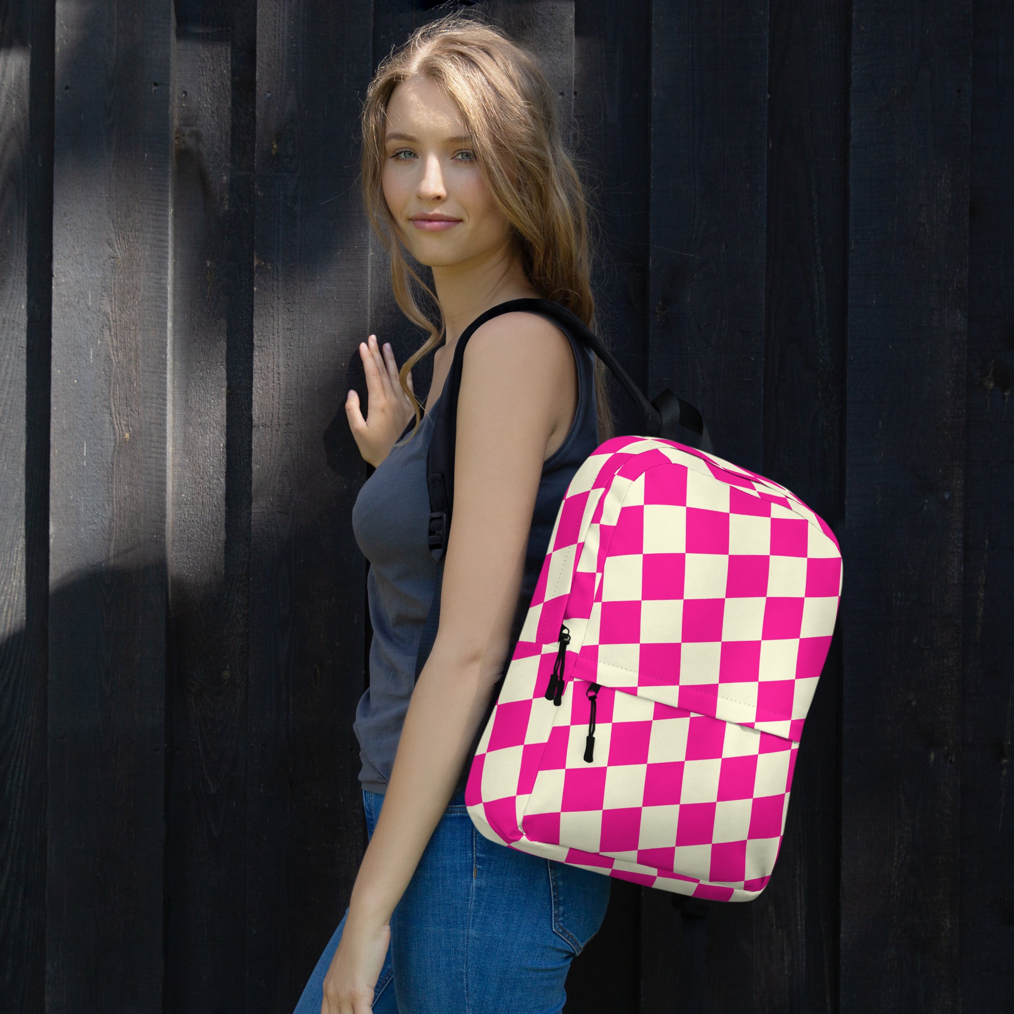 Preppy Style Pink Checkered School Backpack