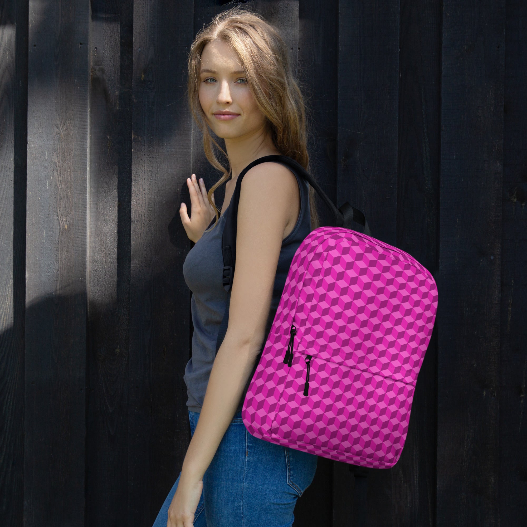 3d Geometric Cubes Optical illusion Preppy Pink Backpack