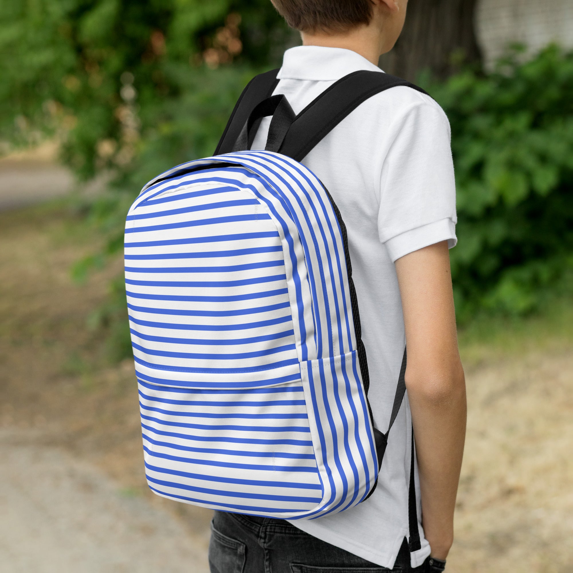 Nautical Striped Blue & White Horizontal Streaks Lines Backpack