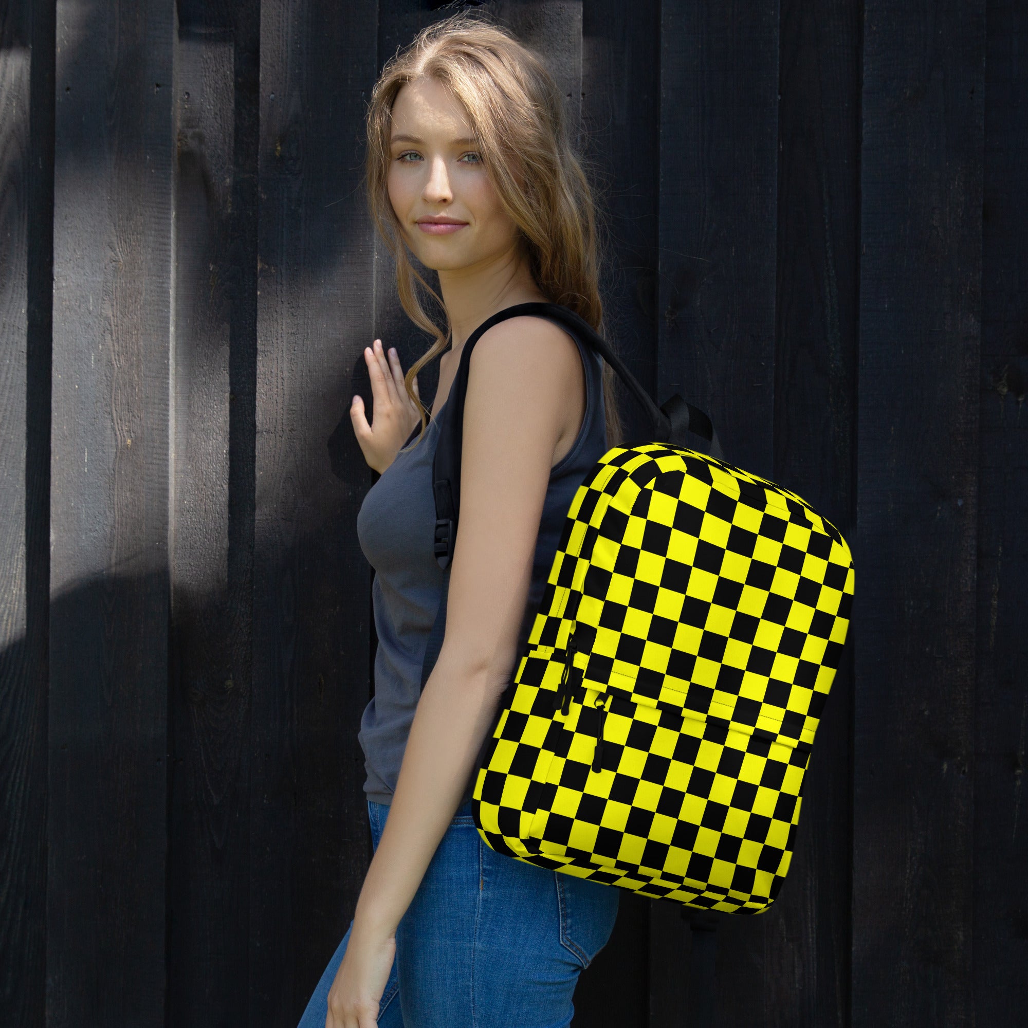 Preppy Yellow and Black Aesthetic Checkered Print Backpack