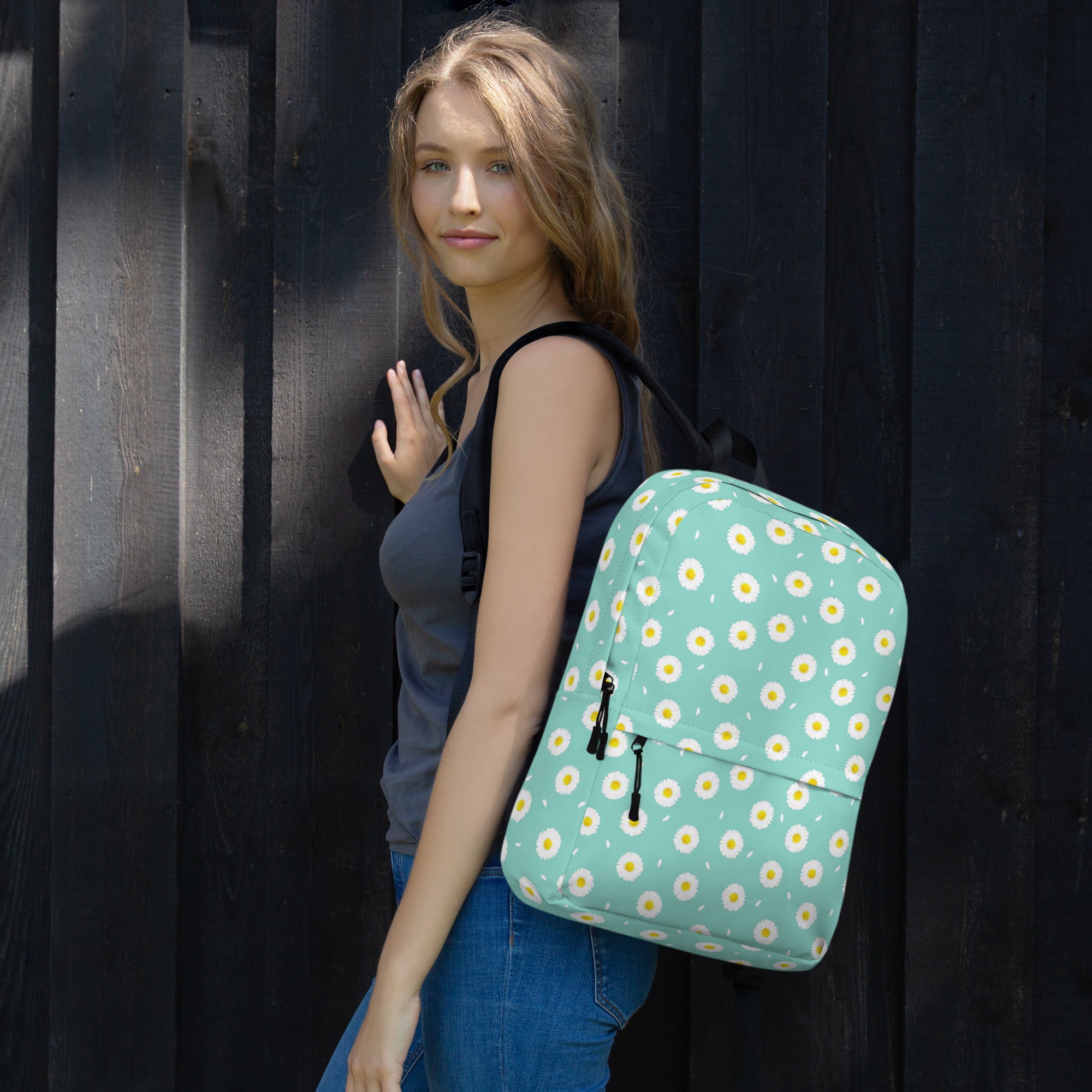 White Daisy Flower Pattern Pastel Blue Summer Backpack
