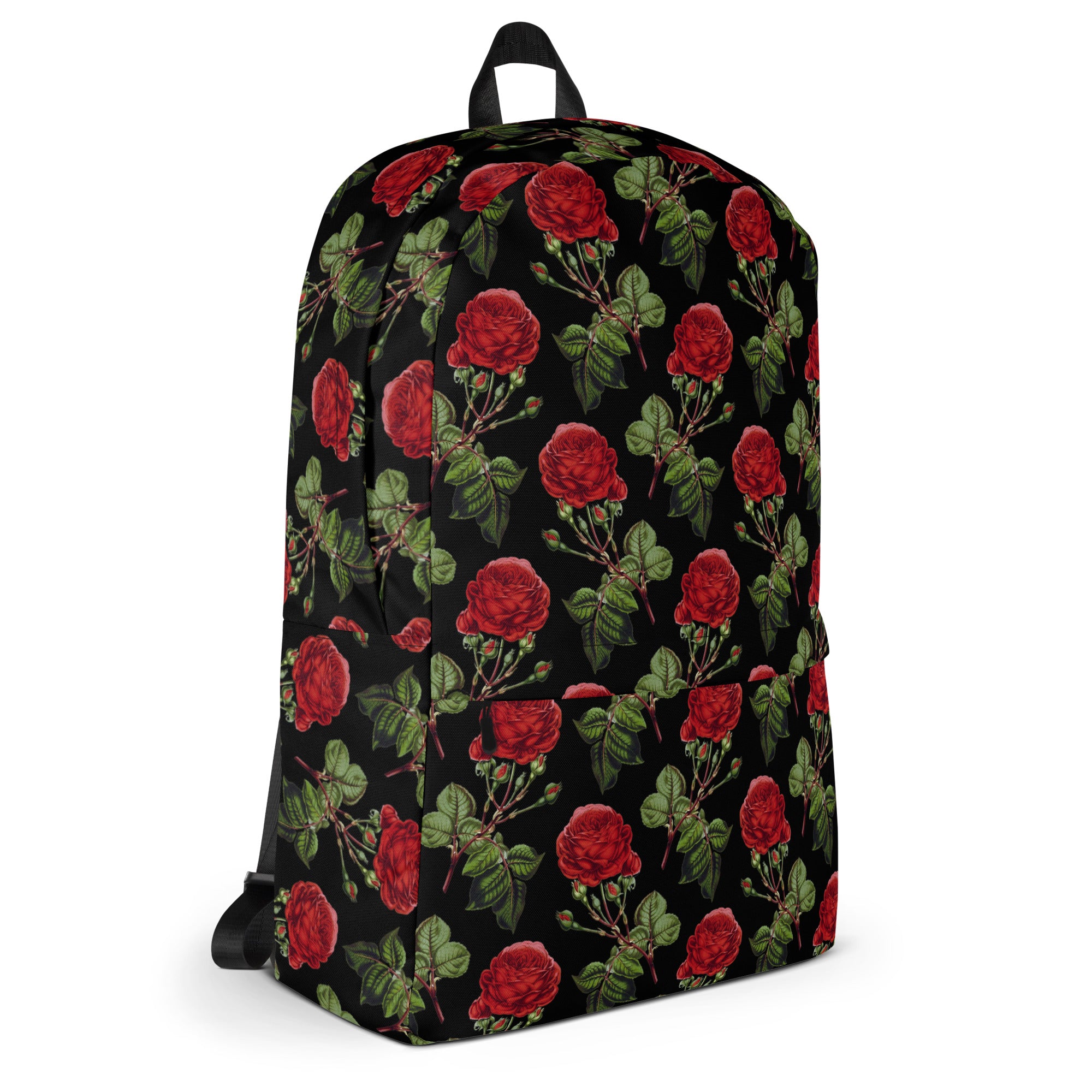 Vintage Red Roses Print Floral Black Casual School Backpack