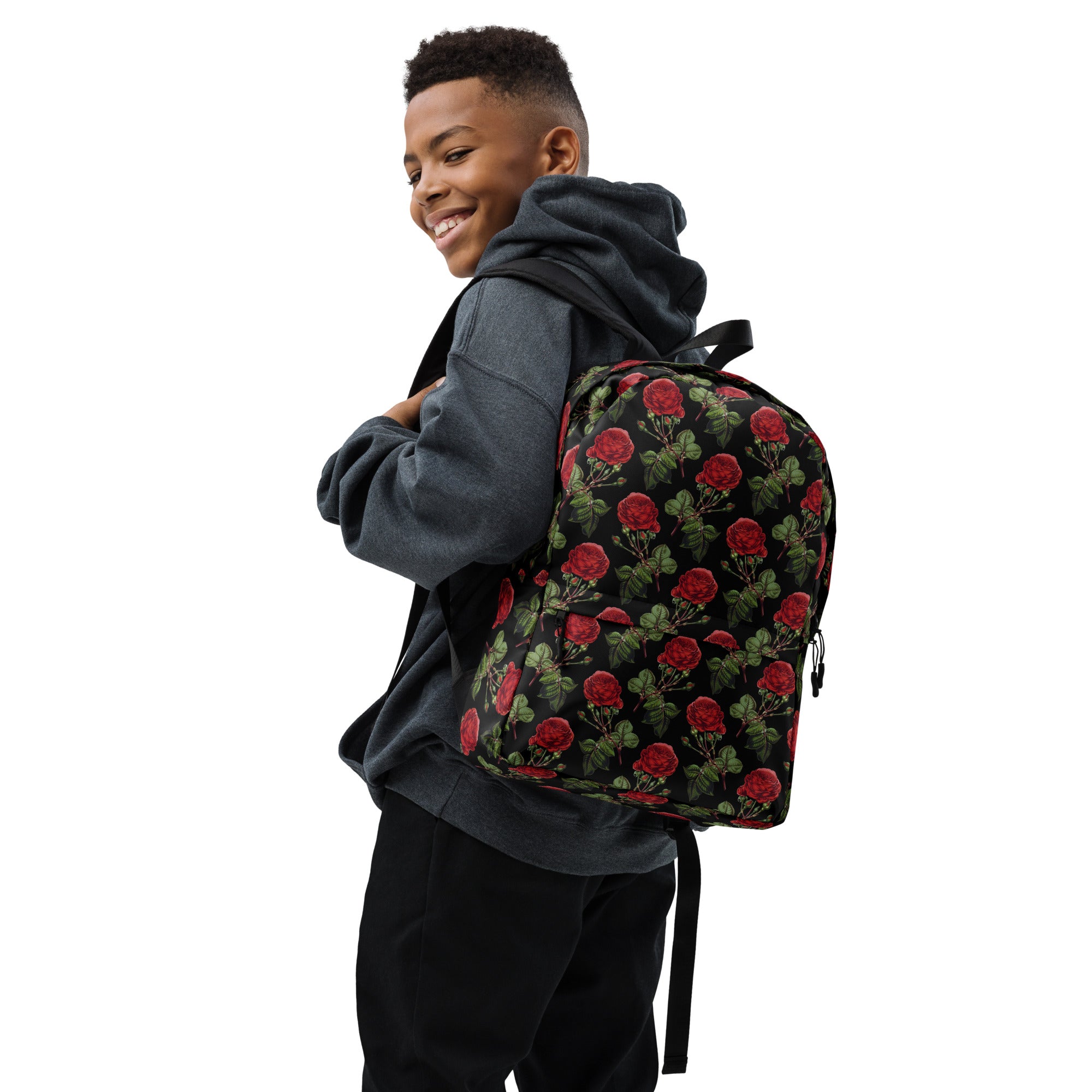 Vintage Red Roses Print Floral Black Casual School Backpack