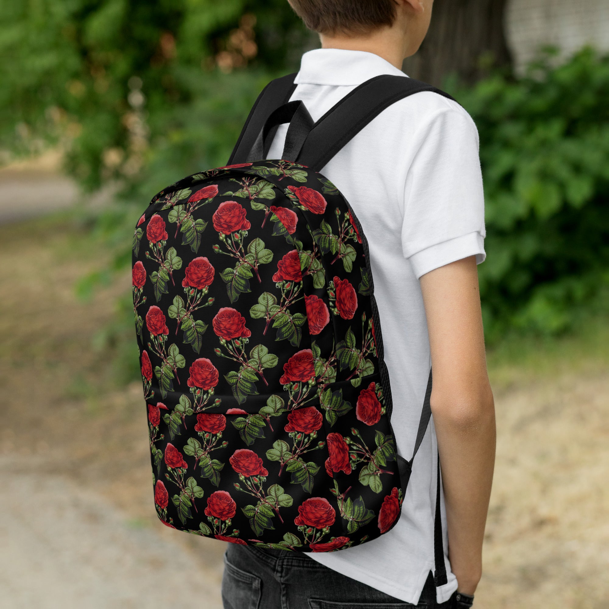 Vintage Red Roses Print Floral Black Casual School Backpack