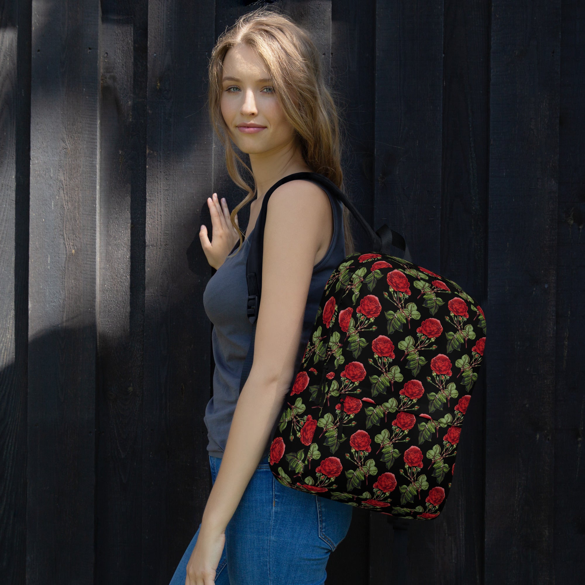 Vintage Red Roses Print Floral Black Casual School Backpack