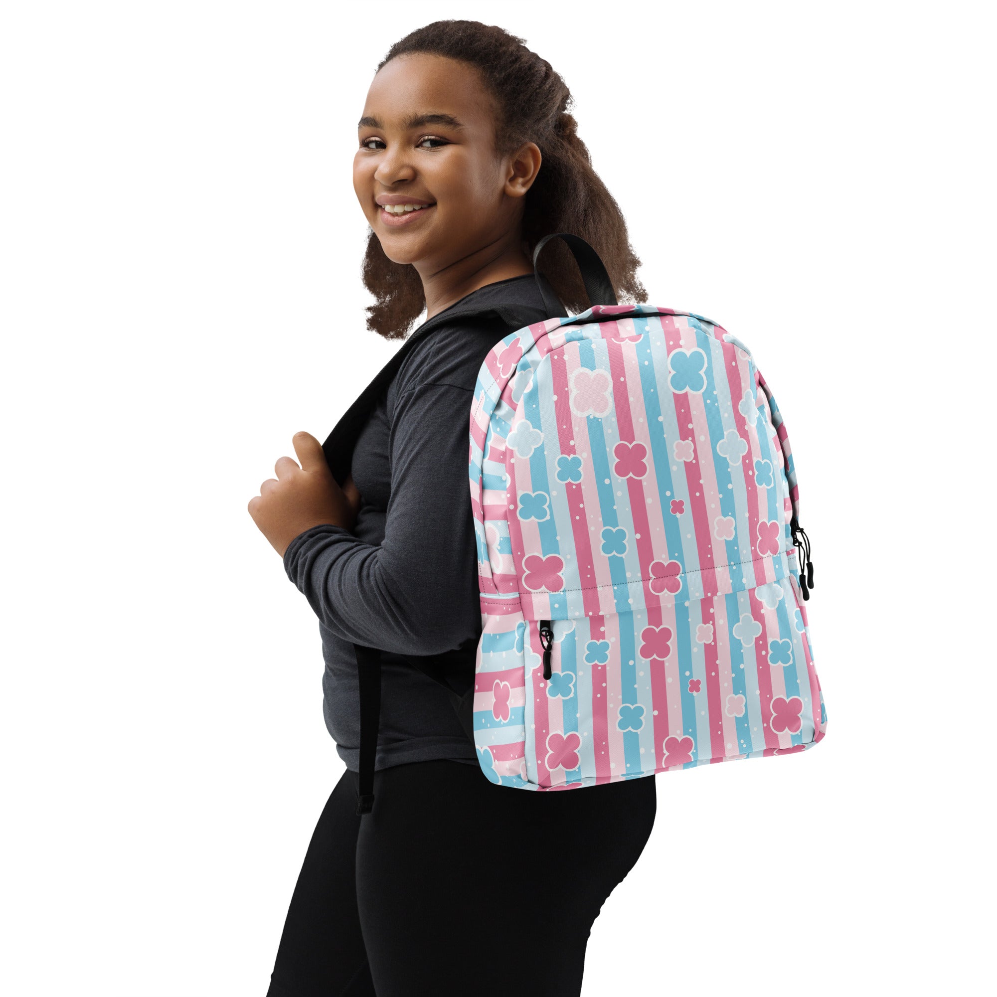 Preppy Cute Pastel Pink & Blue Flower Style Stripes Backpack for Girls