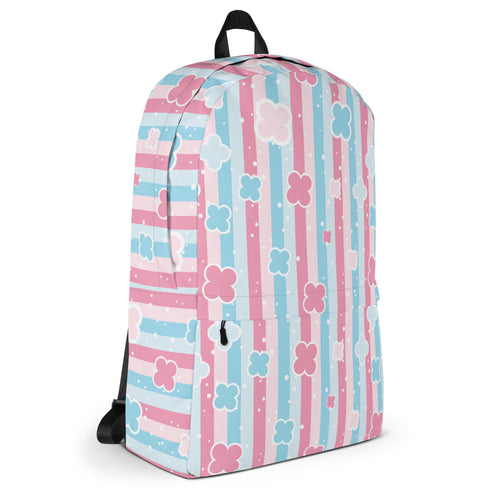 Preppy Cute Pastel Pink & Blue Flower Style Stripes Backpack for Girls