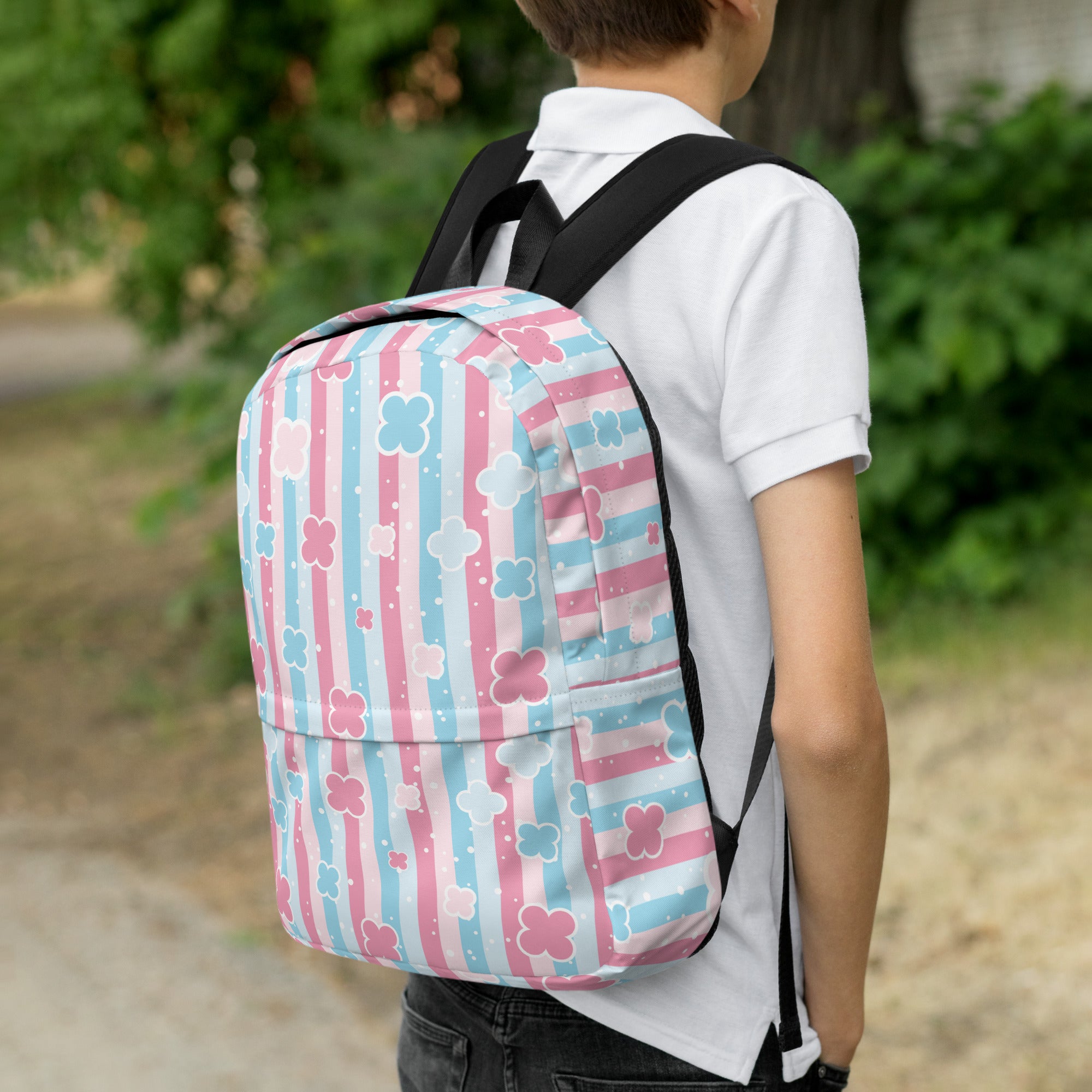 Preppy Cute Pastel Pink & Blue Flower Style Stripes Backpack for Girls
