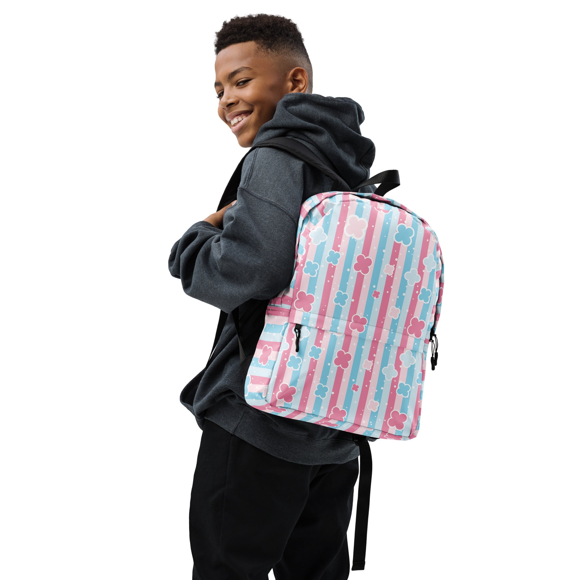 Preppy Cute Pastel Pink & Blue Flower Style Stripes Backpack for Girls