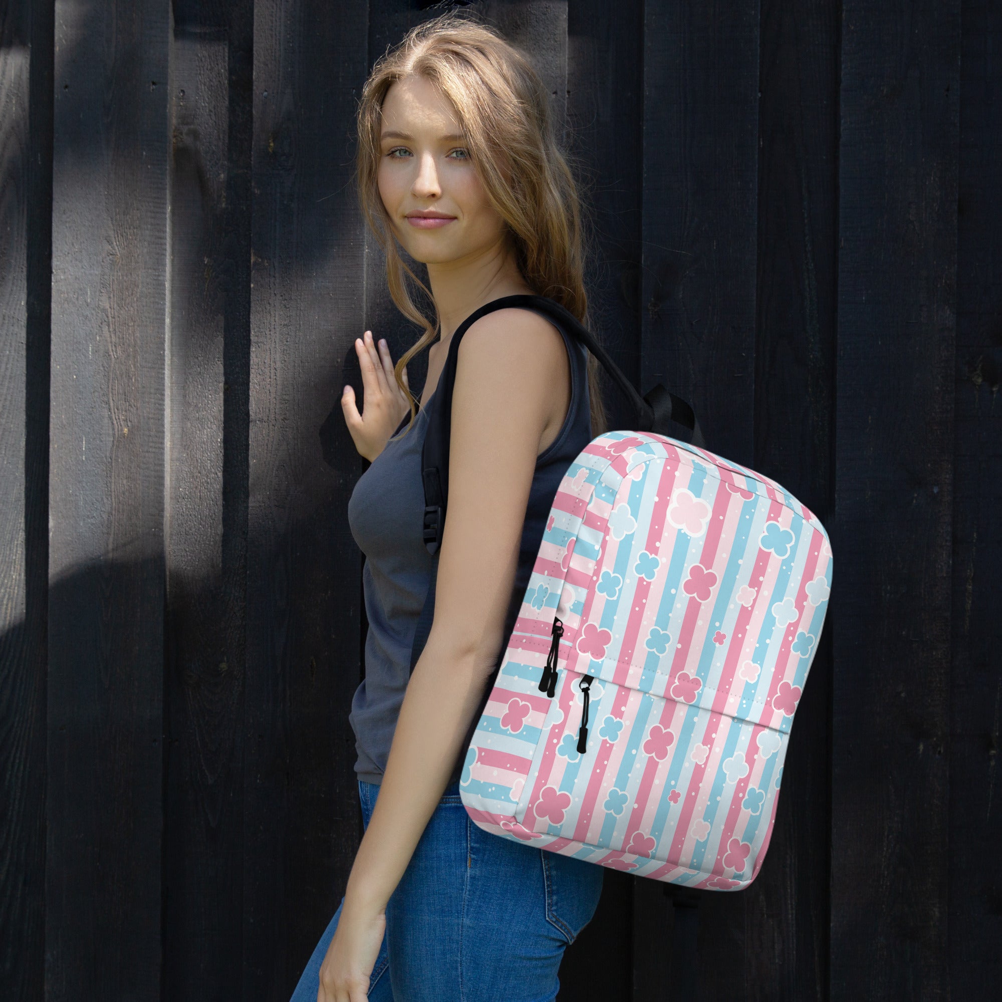 Preppy Cute Pastel Pink & Blue Flower Style Stripes Backpack for Girls