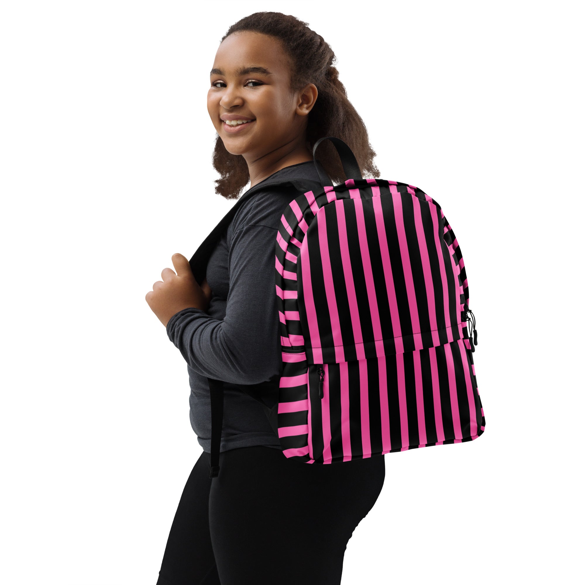 Pink & Black Vertical Striped Fashionable Women's Backpack