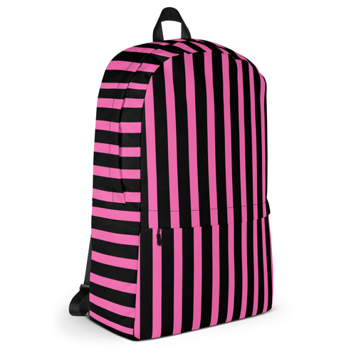 Pink & Black Vertical Striped Fashionable Women's Backpack
