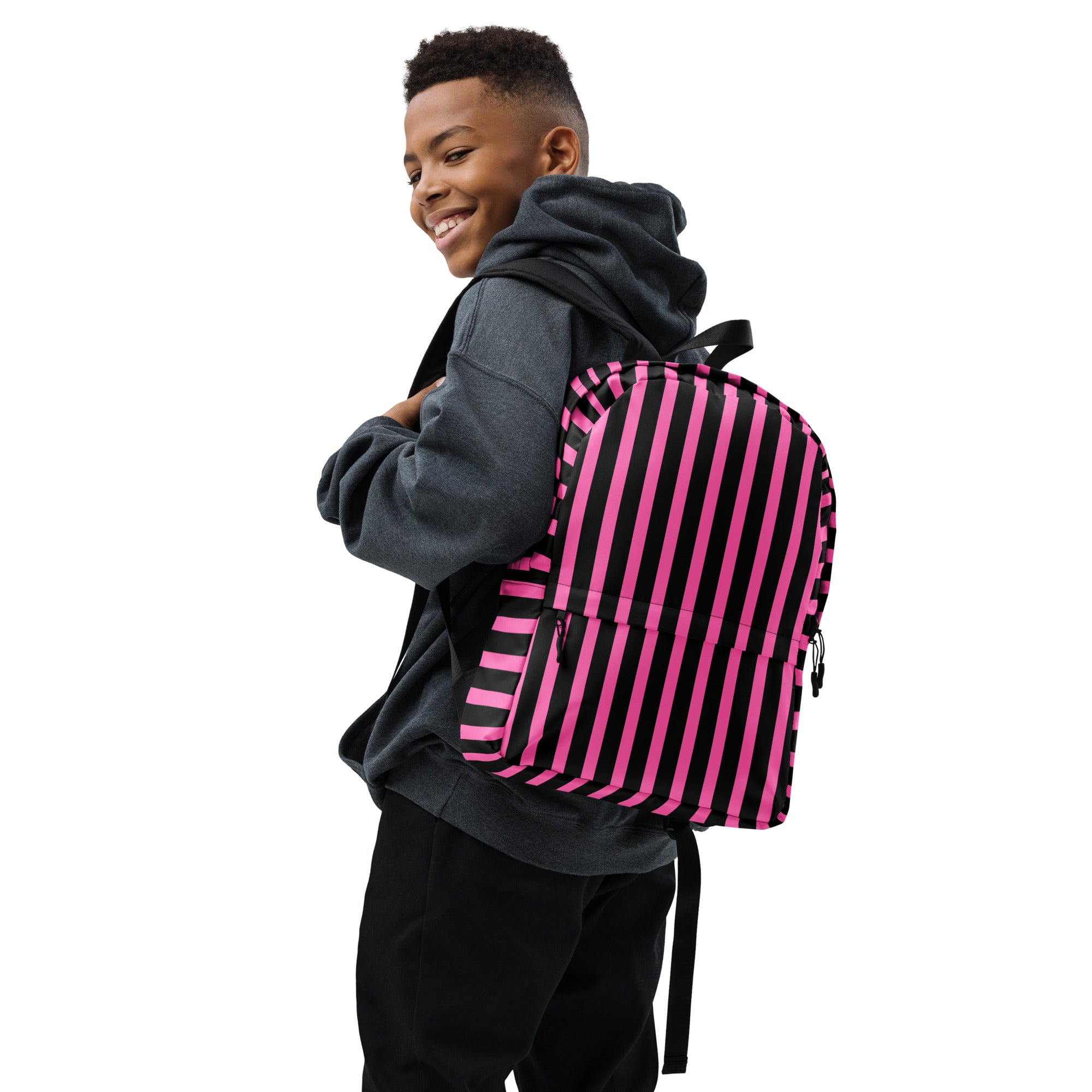Pink & Black Vertical Striped Fashionable Women's Backpack