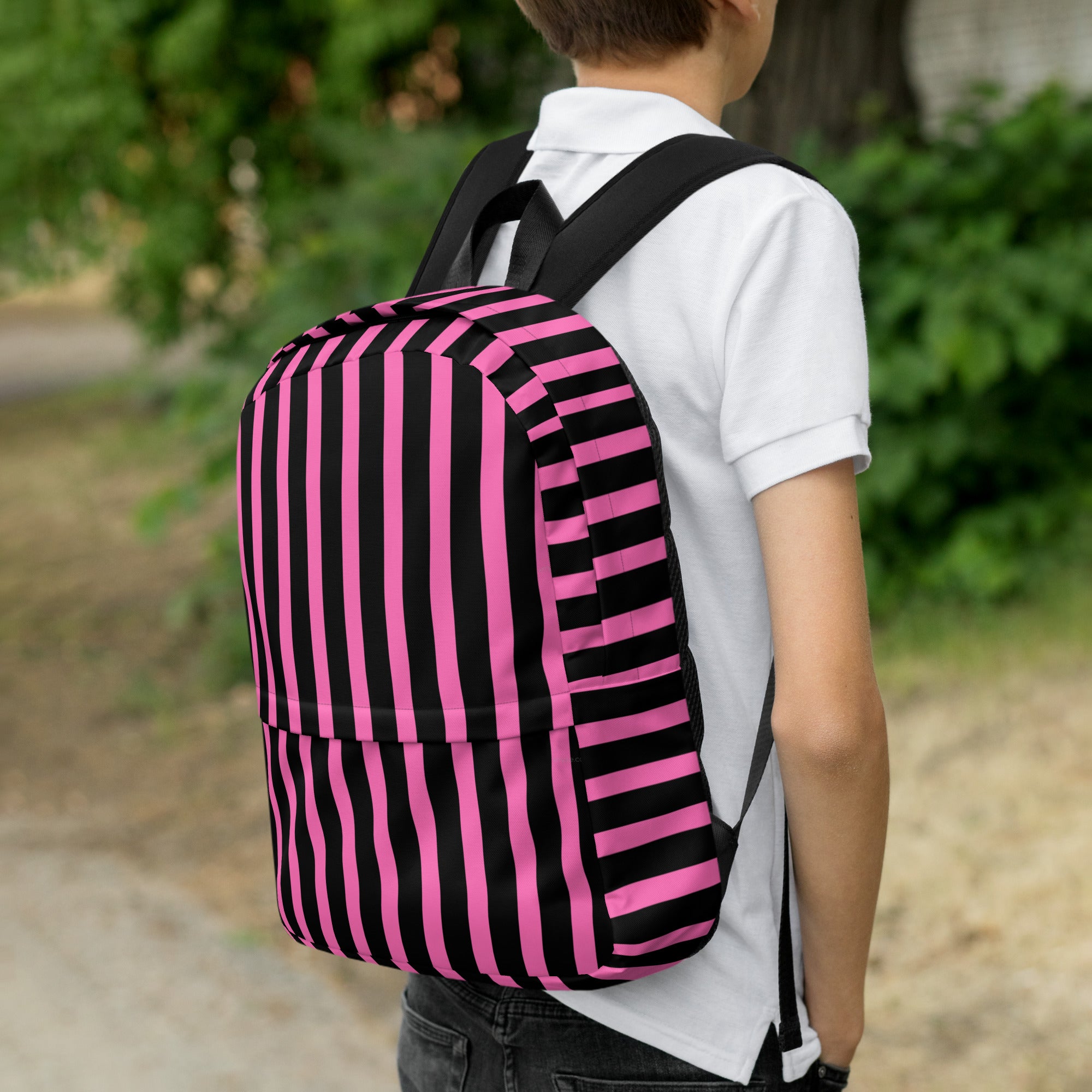 Pink & Black Vertical Striped Fashionable Women's Backpack