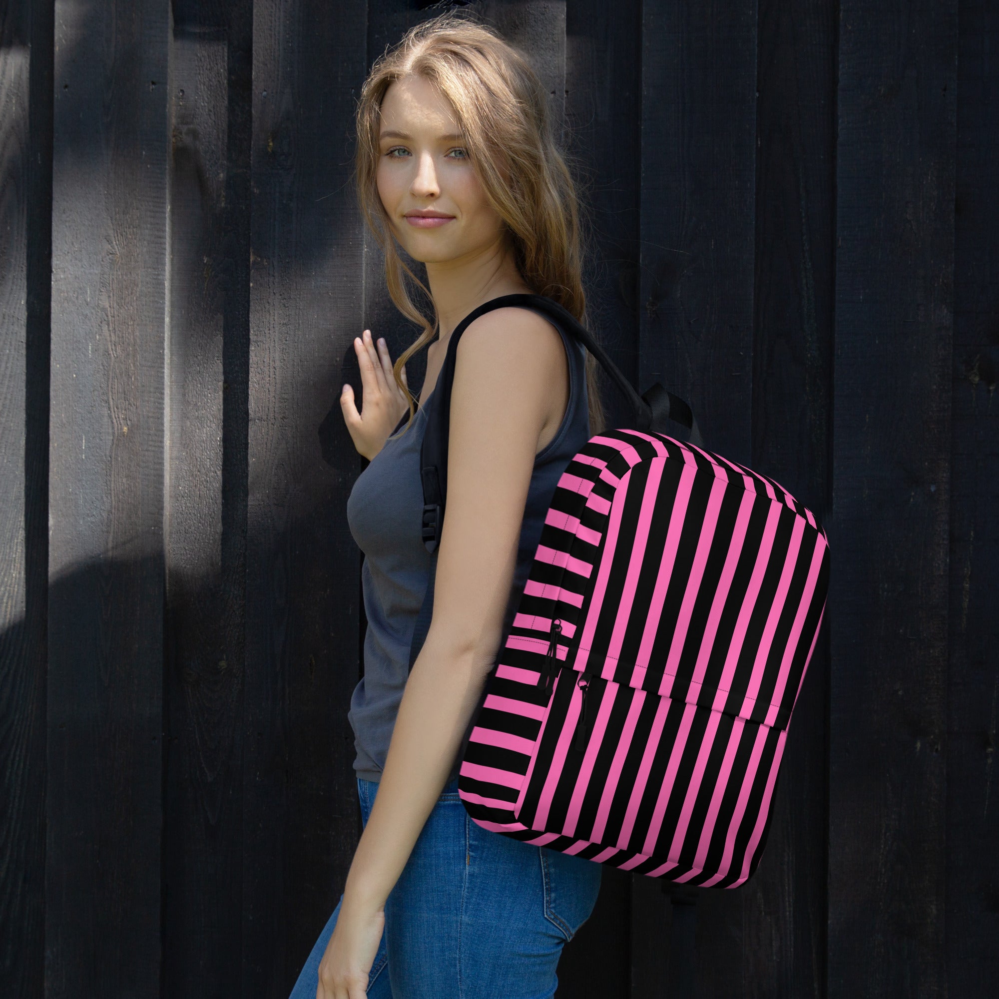 Pink & Black Vertical Striped Fashionable Women's Backpack