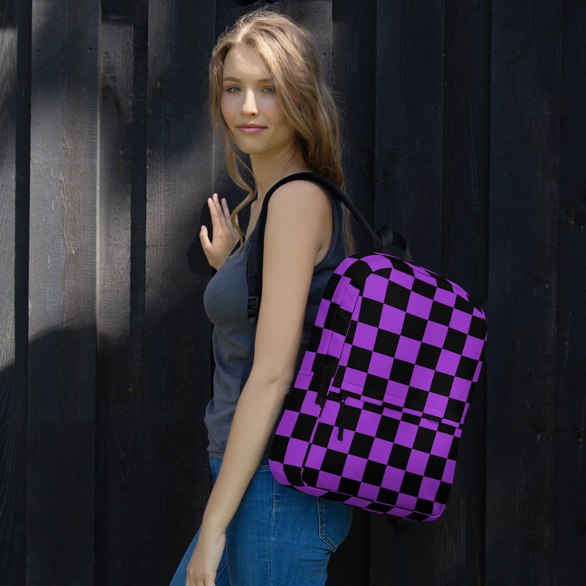 Preppy Purple Checkered Backpack for School & Travel