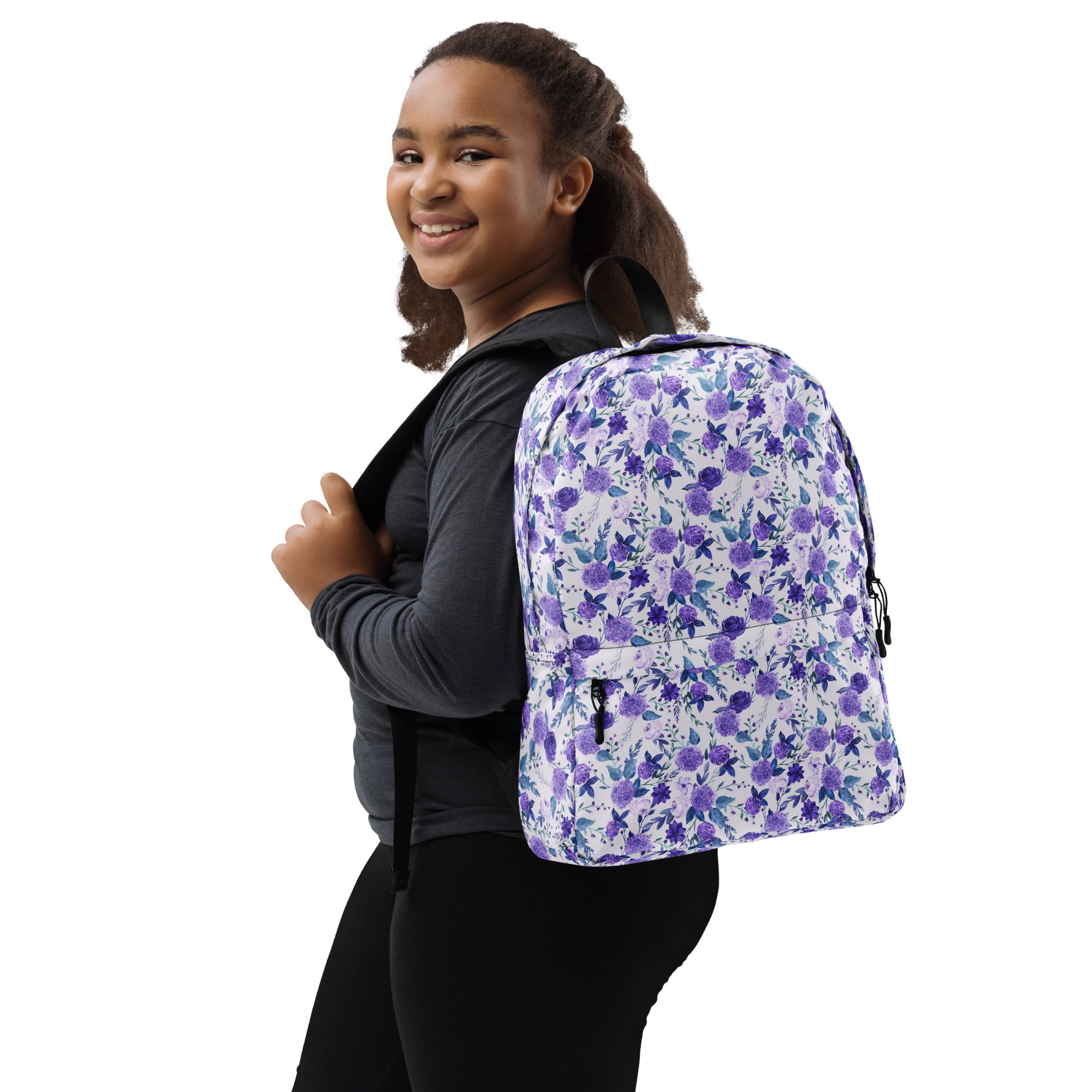 Preppy Purple Floral White Backpack for Women
