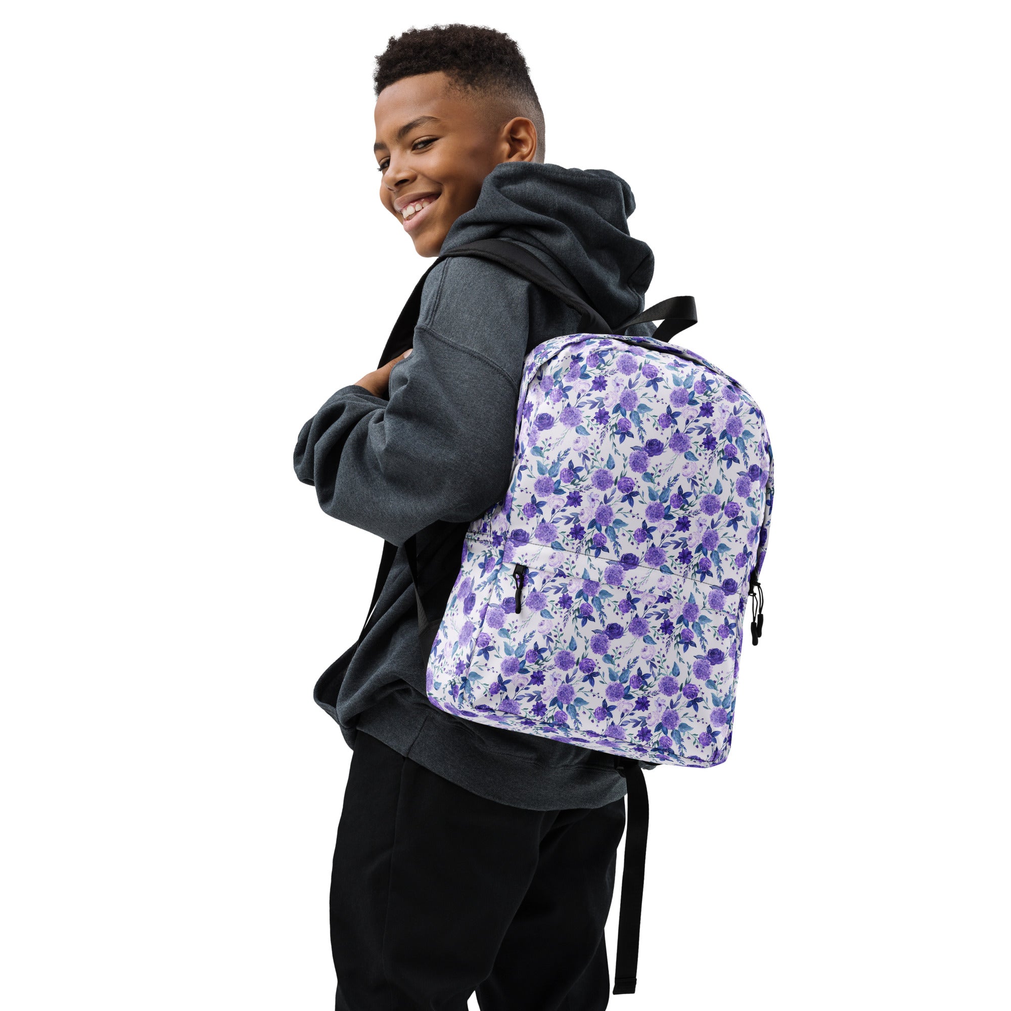 Preppy Purple Floral White Backpack for Women