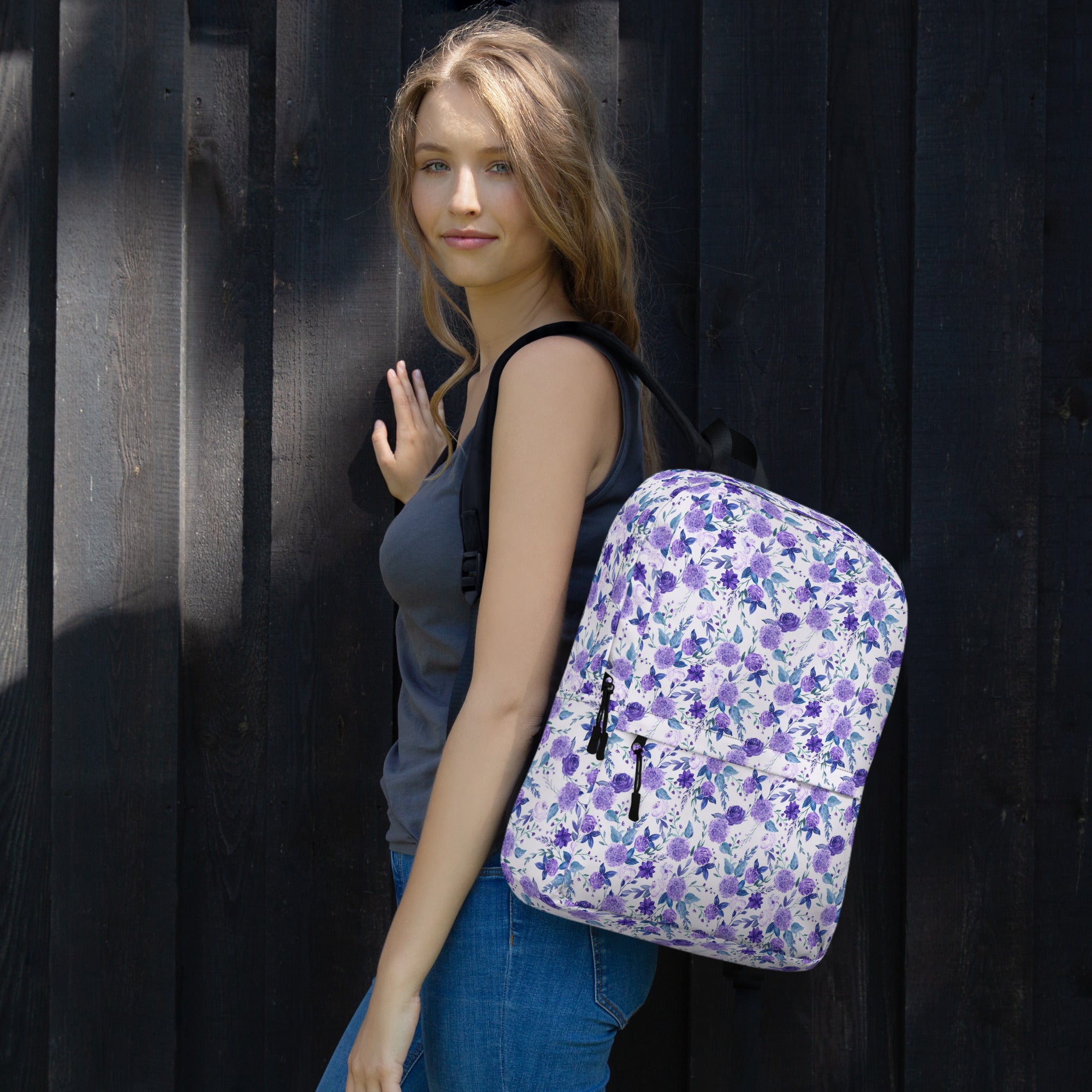 Preppy Purple Floral White Backpack for Women