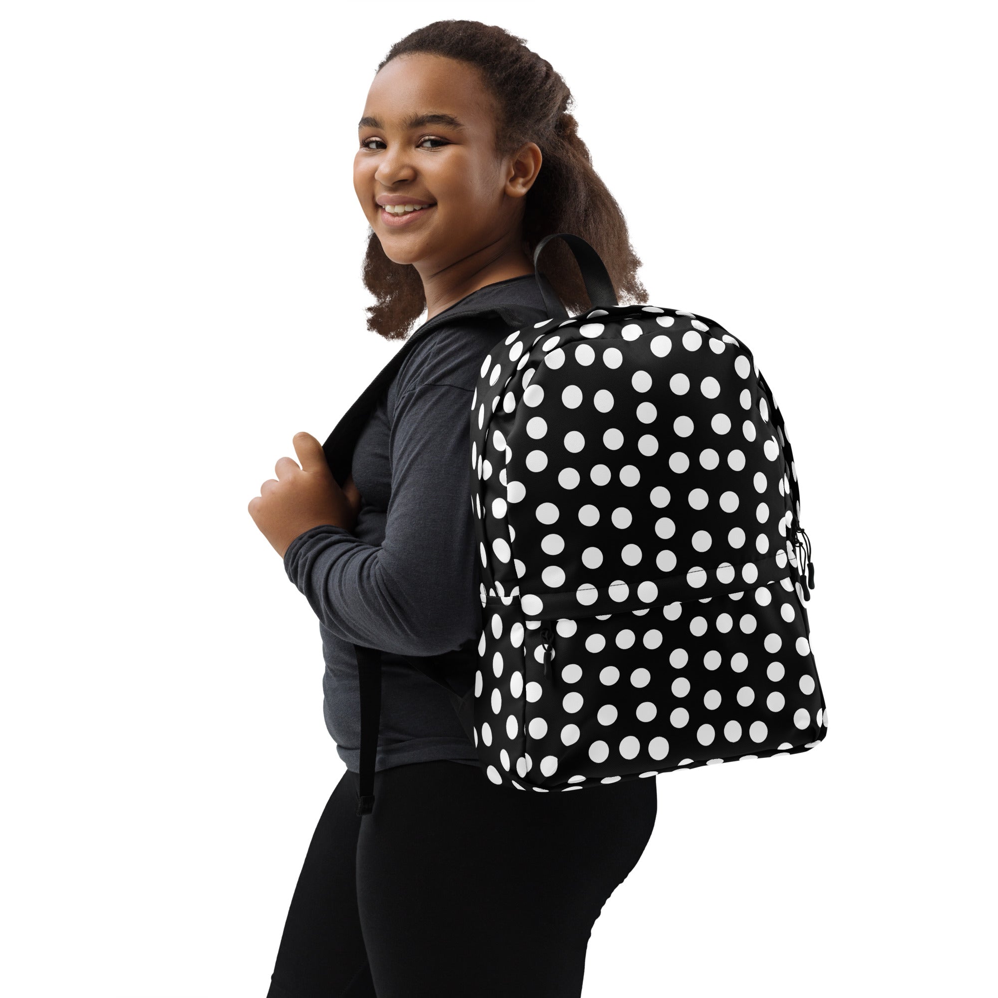 Vintage Preppy Style Black Backpack with White Polka dots
