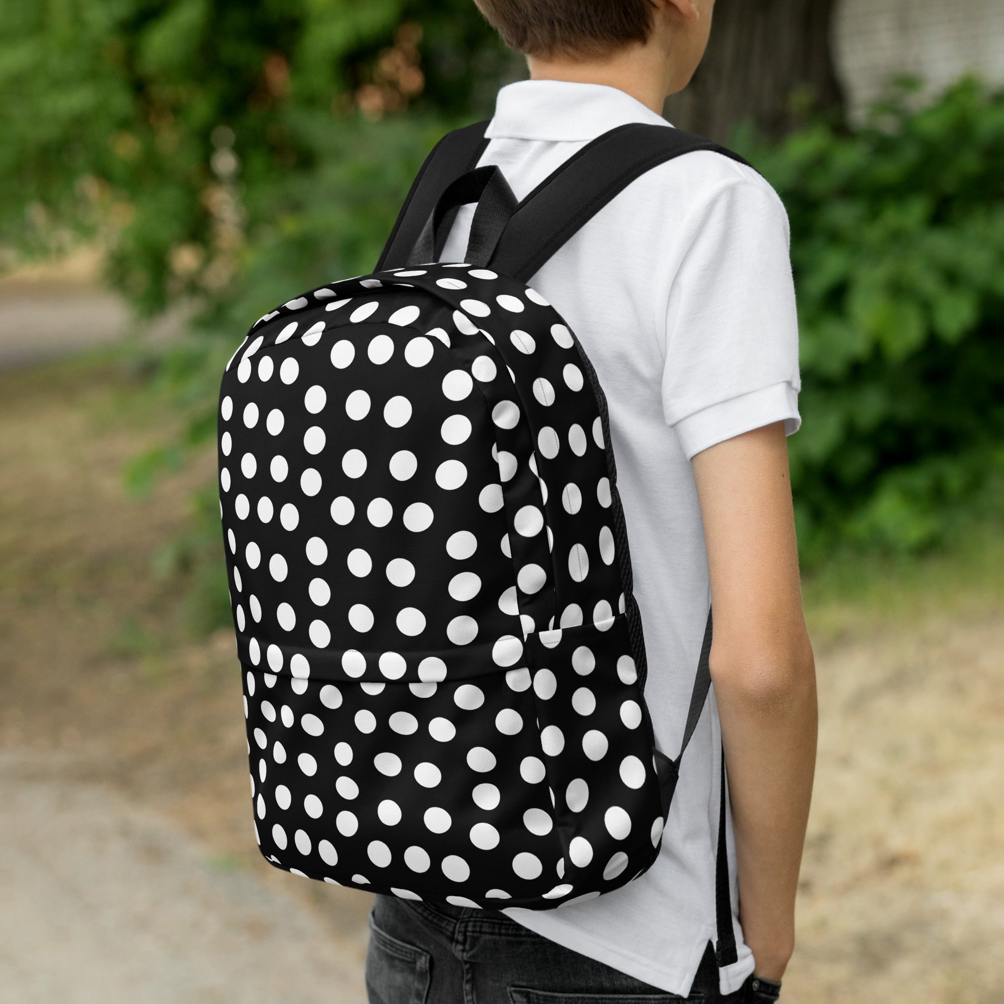 Vintage Preppy Style Black Backpack with White Polka dots