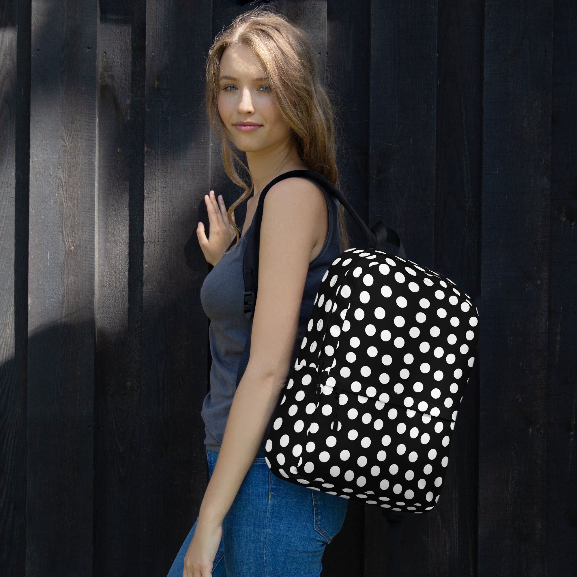 Vintage Preppy Style Black Backpack with White Polka dots