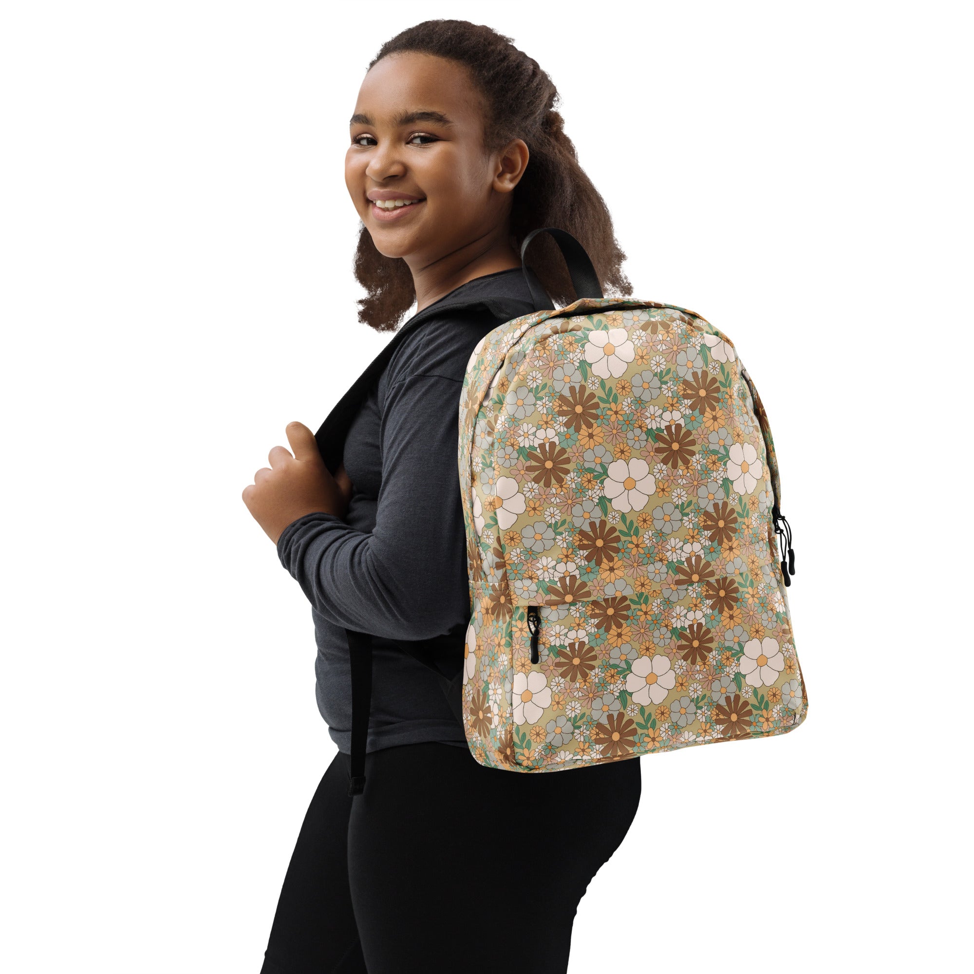 Aesthetic Groovy Brown Fall Flower Pattern Backpack